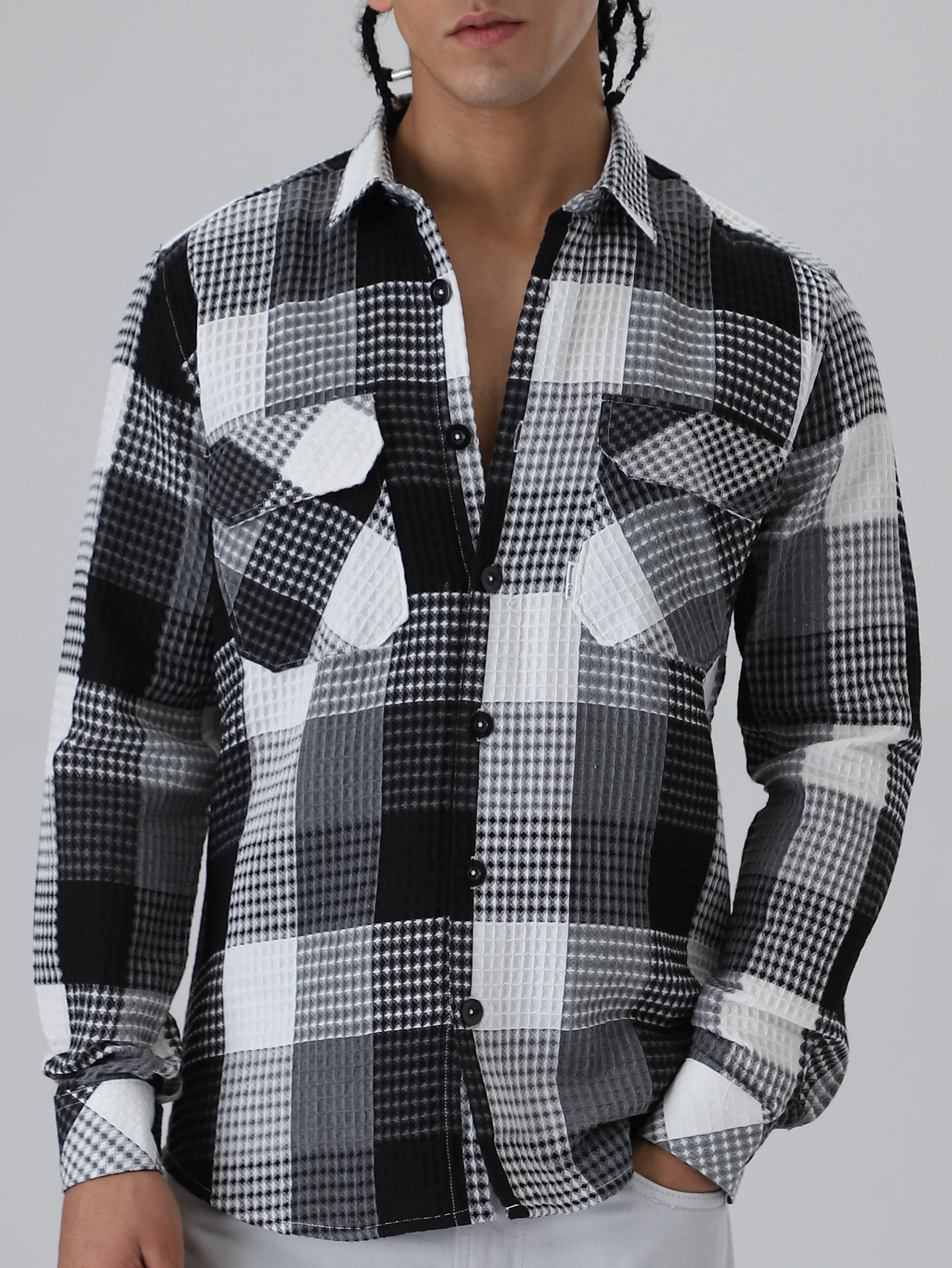 Grey Waffle Plaid Check Shirt - Image 8
