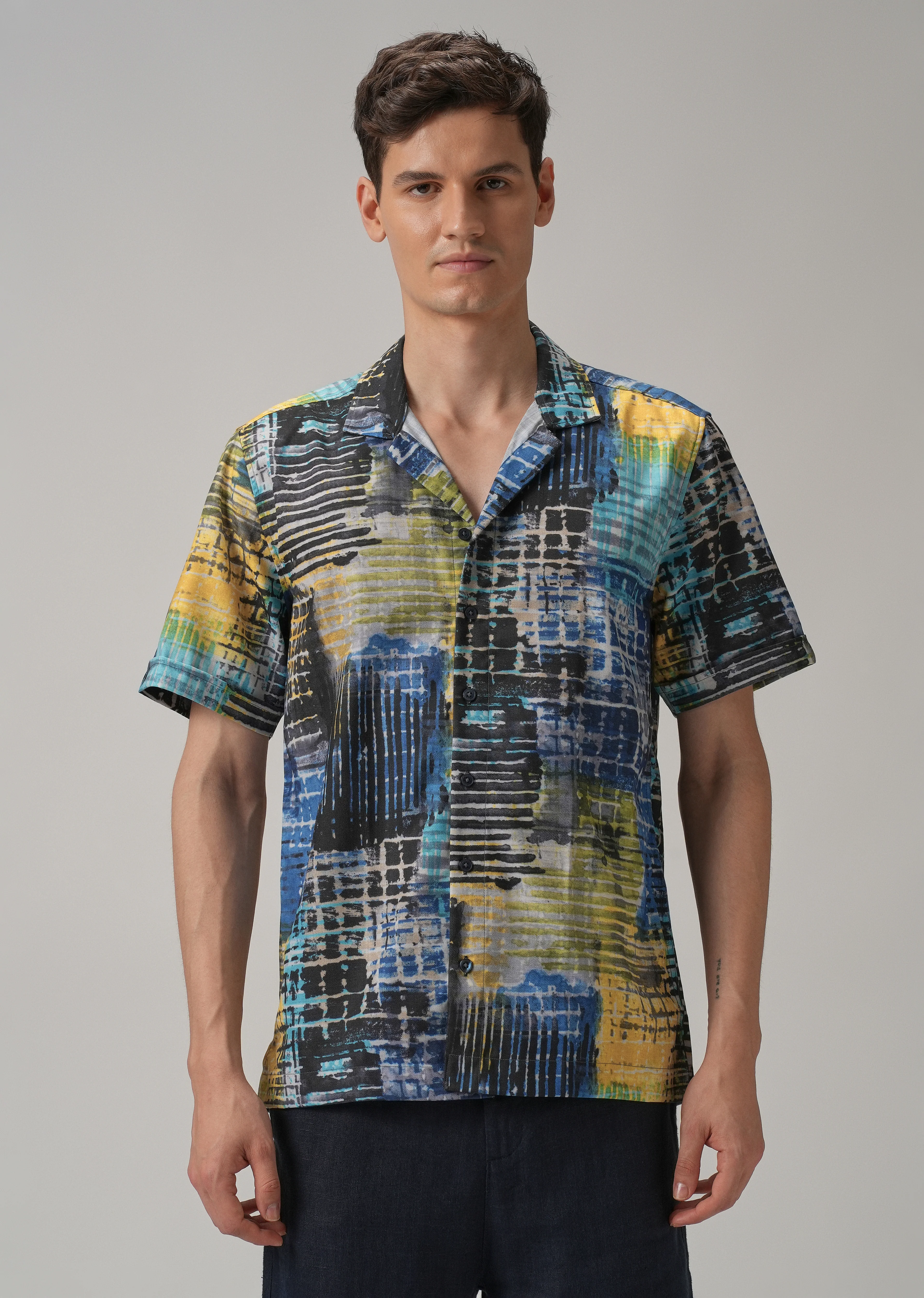 Grid Brush Stroke Half Sleeve Shirt - Image 3