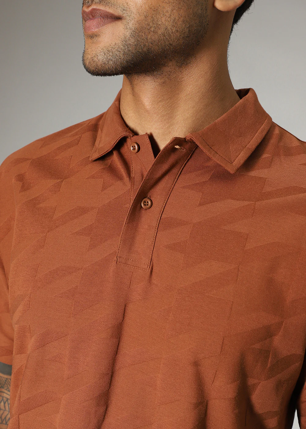Herringbone Pattern Brown Polo T-shirt - Image 2