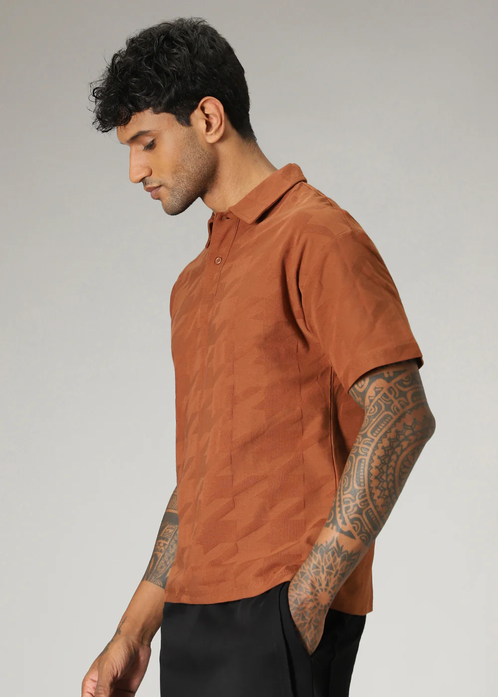 Herringbone Pattern Brown Polo T-shirt - Image 3