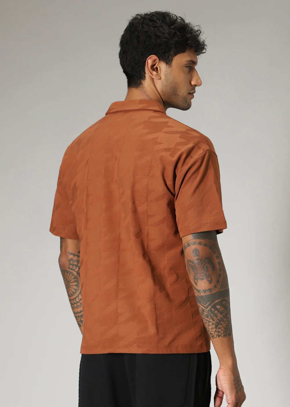 Herringbone Pattern Brown Polo T-shirt - Image 4