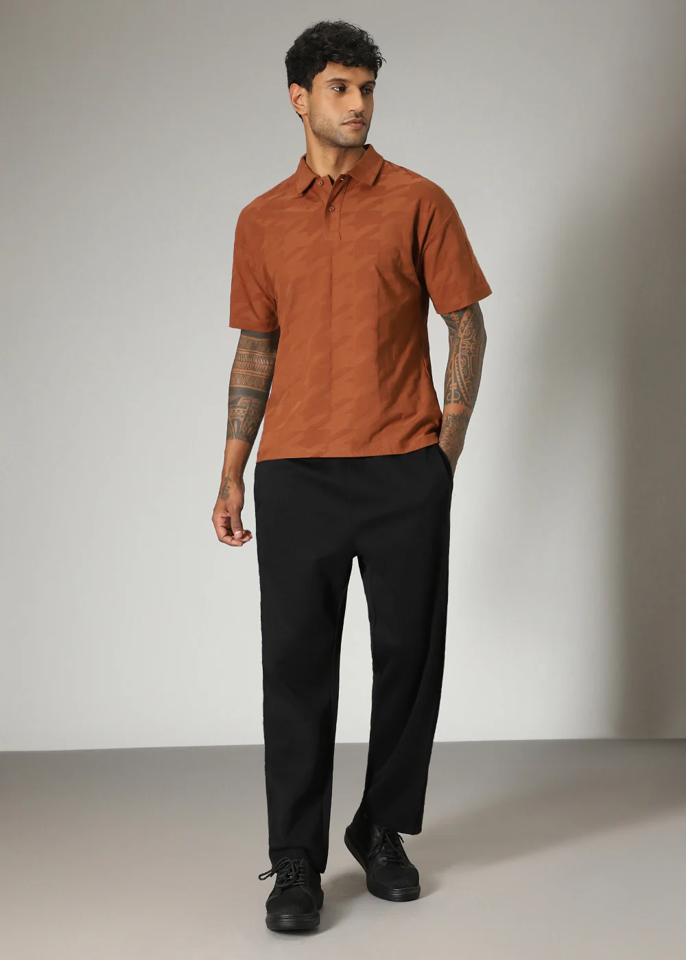 Herringbone Pattern Brown Polo T-shirt - Image 5