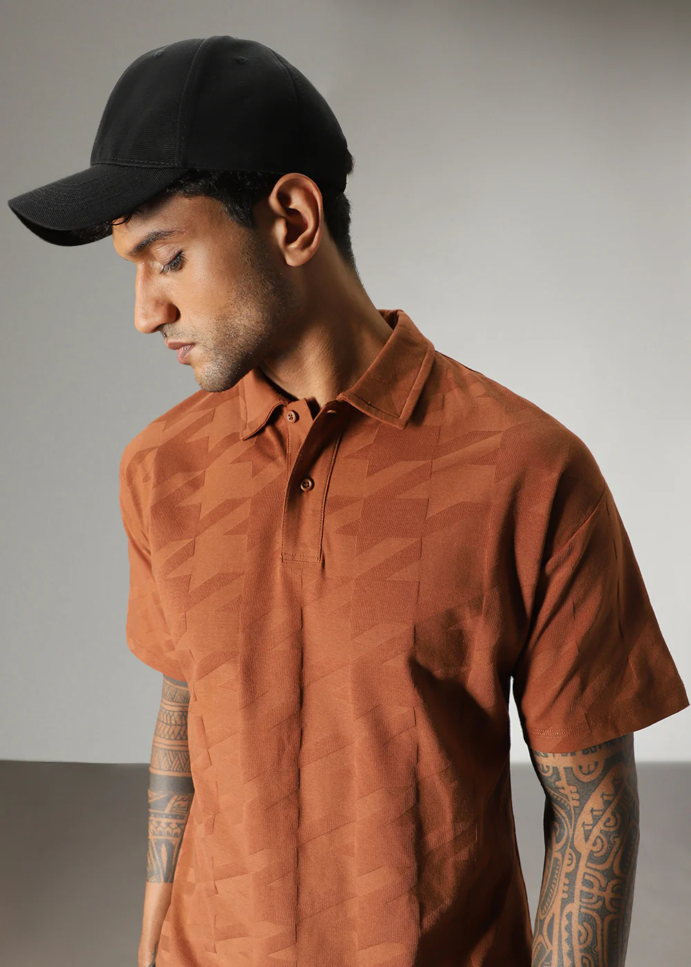 Herringbone Pattern Brown Polo T-shirt - Image 6