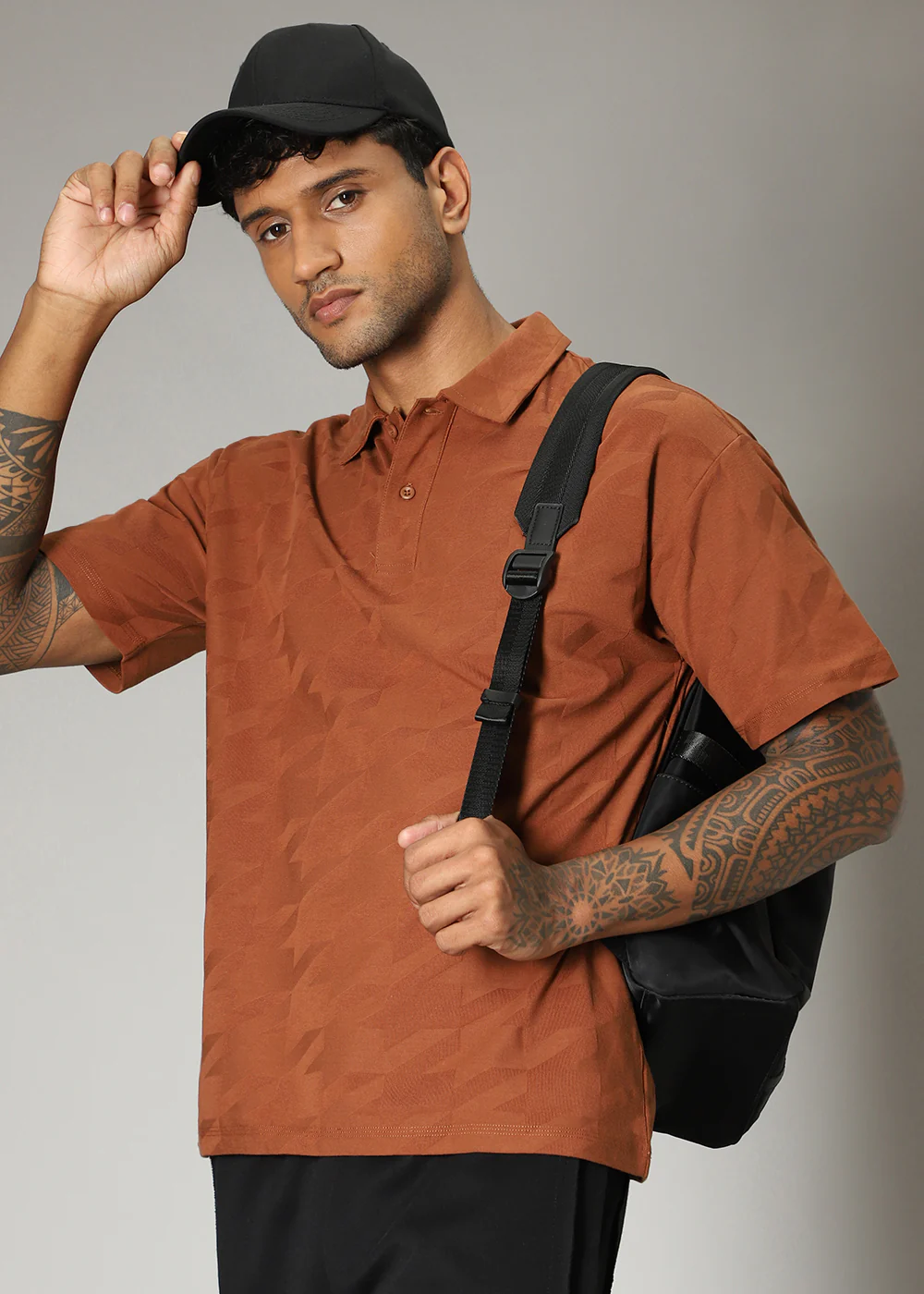 Herringbone Pattern Brown Polo T-shirt - Image 8