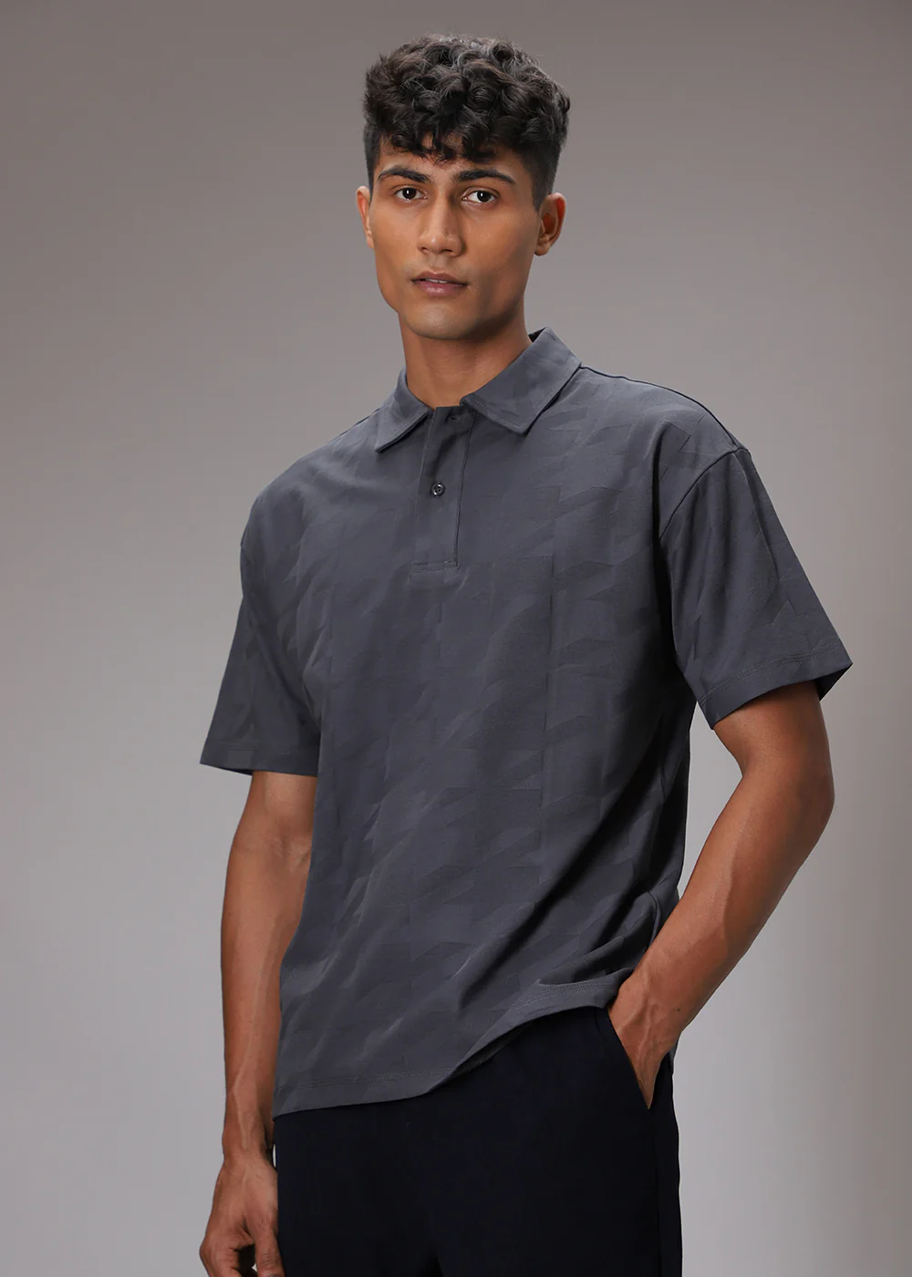 Herringbone Pattern Grey Polo T-shirt - Image 3