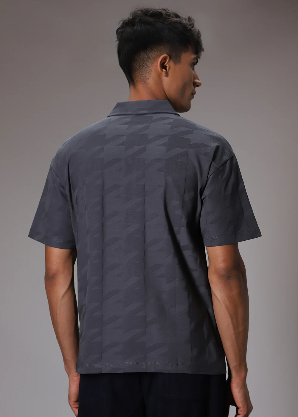 Herringbone Pattern Grey Polo T-shirt - Image 4