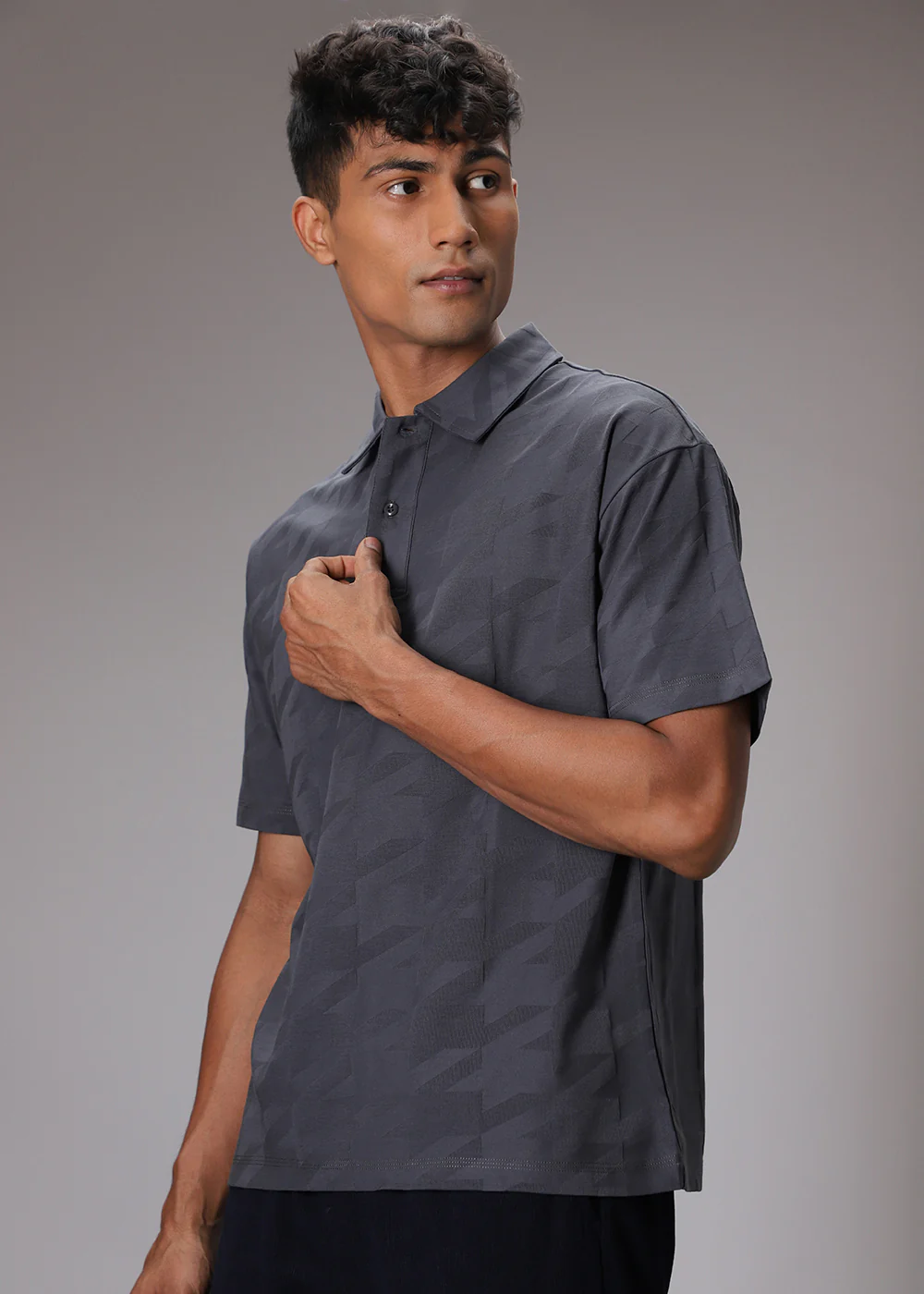 Herringbone Pattern Grey Polo T-shirt - Image 5