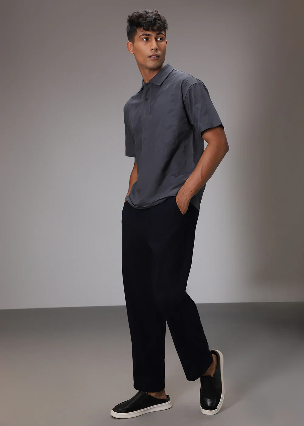 Herringbone Pattern Grey Polo T-shirt - Image 6