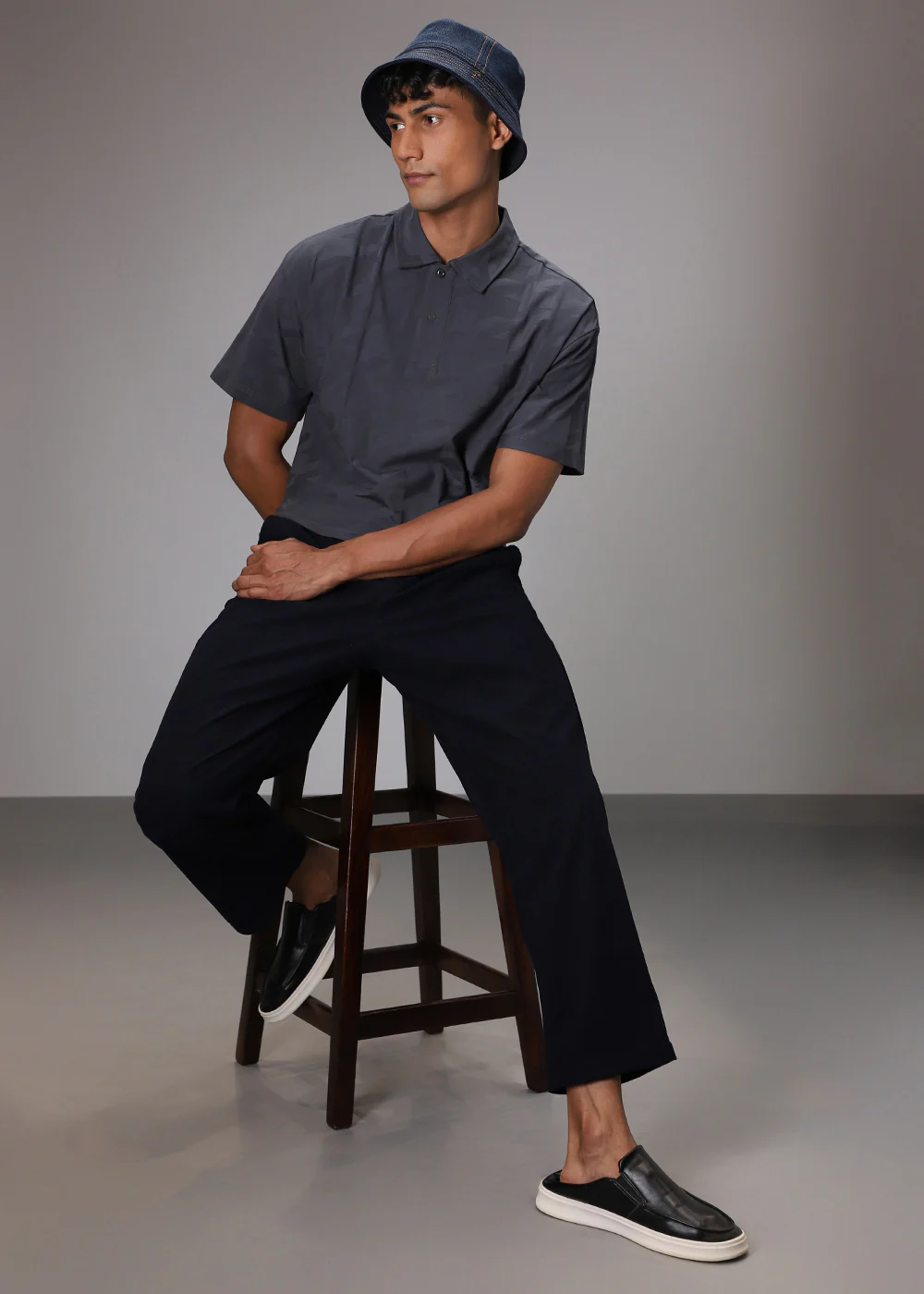 Herringbone Pattern Grey Polo T-shirt - Image 8