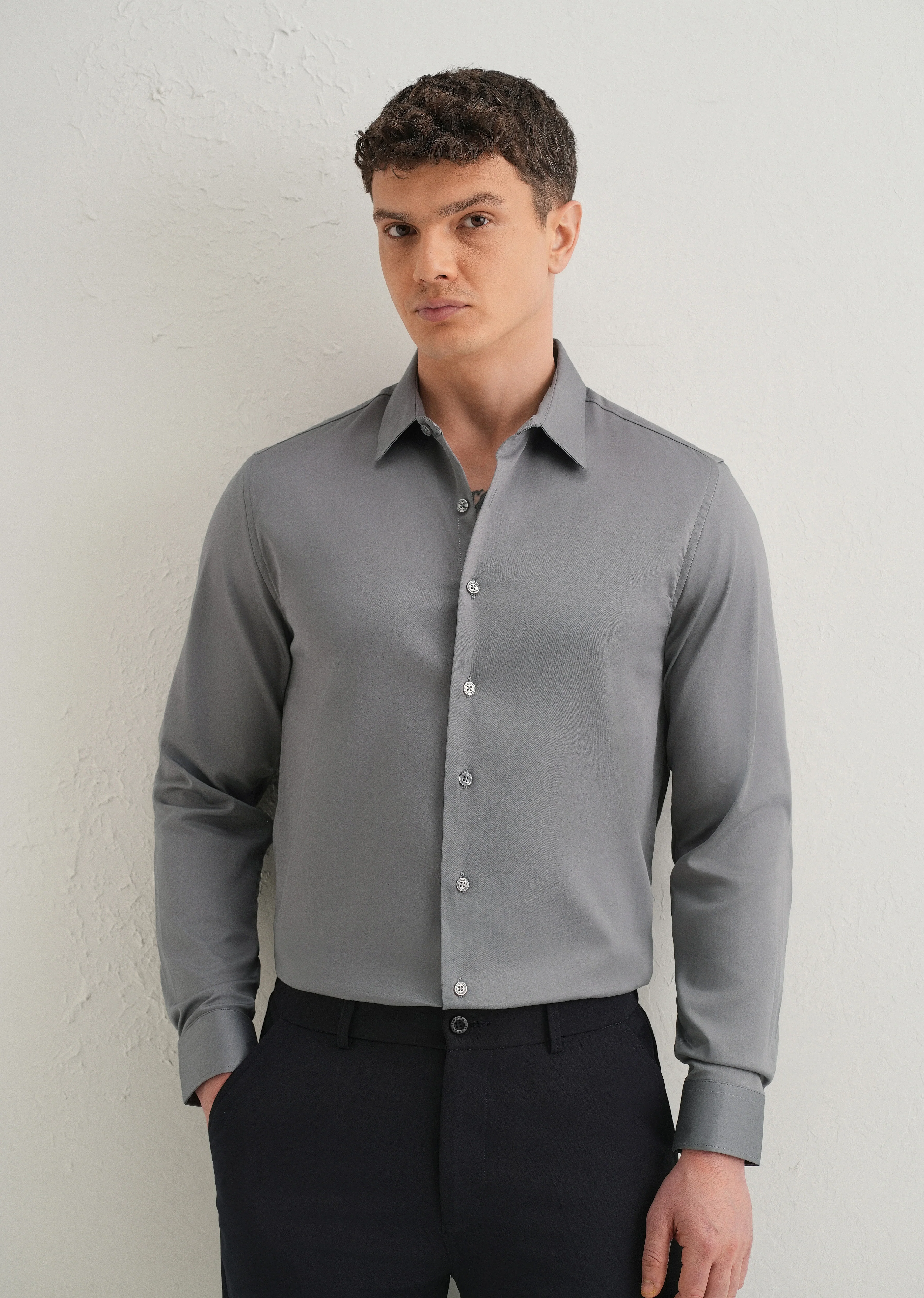 Hybrid Gray Plain Satin Shirt - Image 7