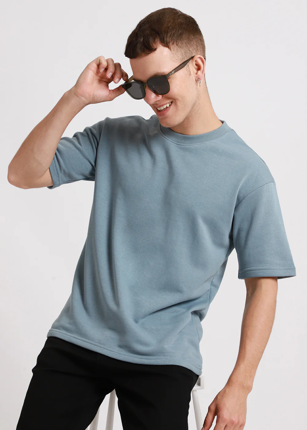 Ice Blue Plain Oversized Basic T-shirt - Image 2