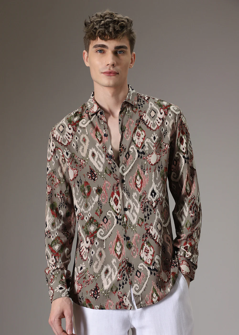 Ikat Tan Beige Feather Shirt - Image 3