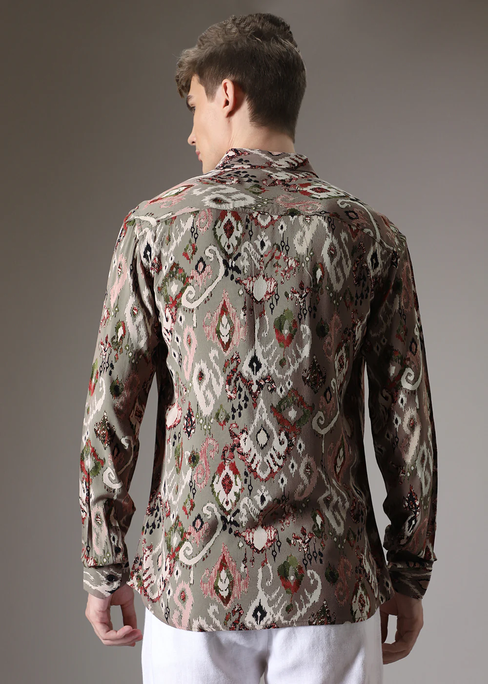 Ikat Tan Beige Feather Shirt - Image 4