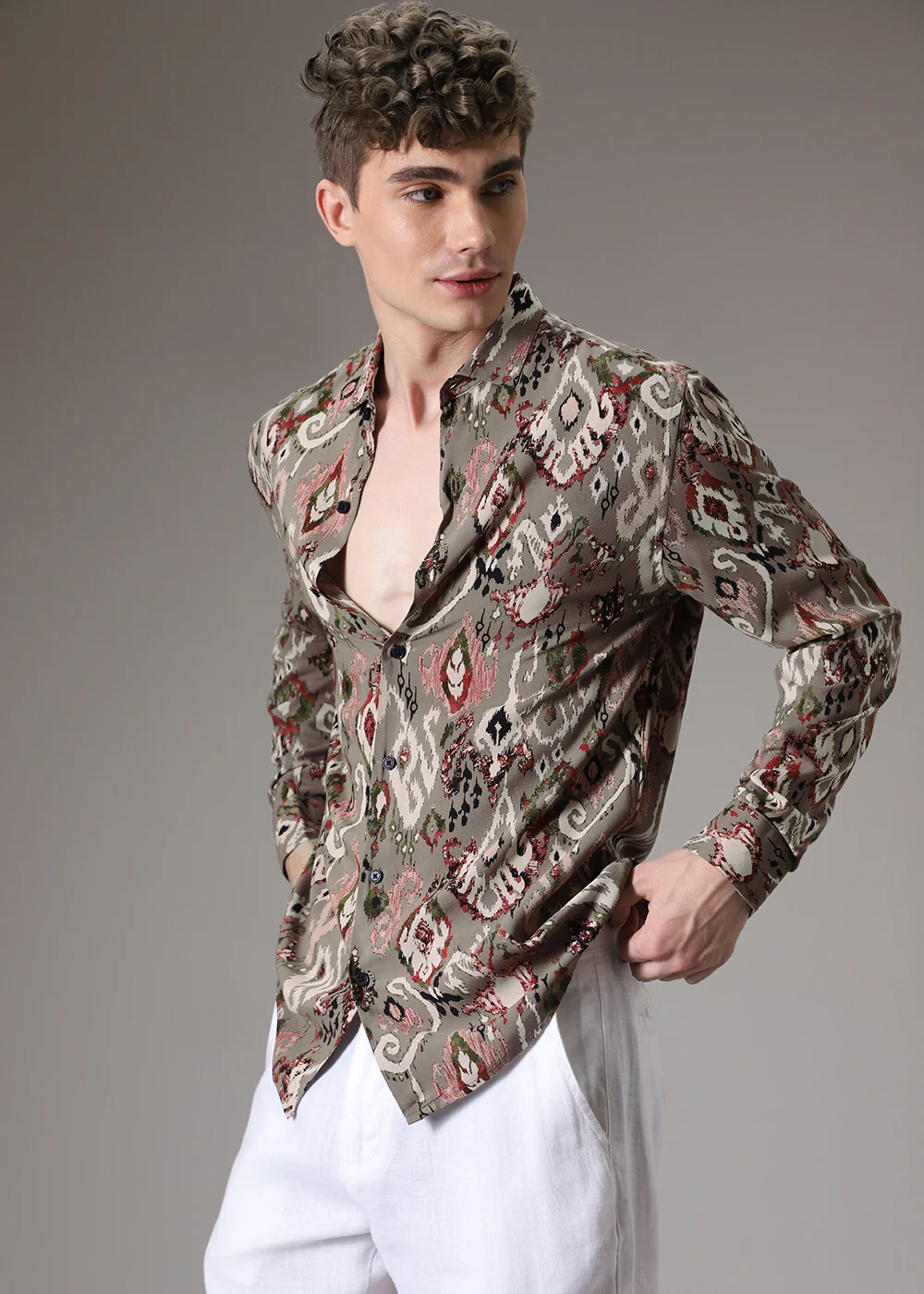 Ikat Tan Beige Feather Shirt - Image 5