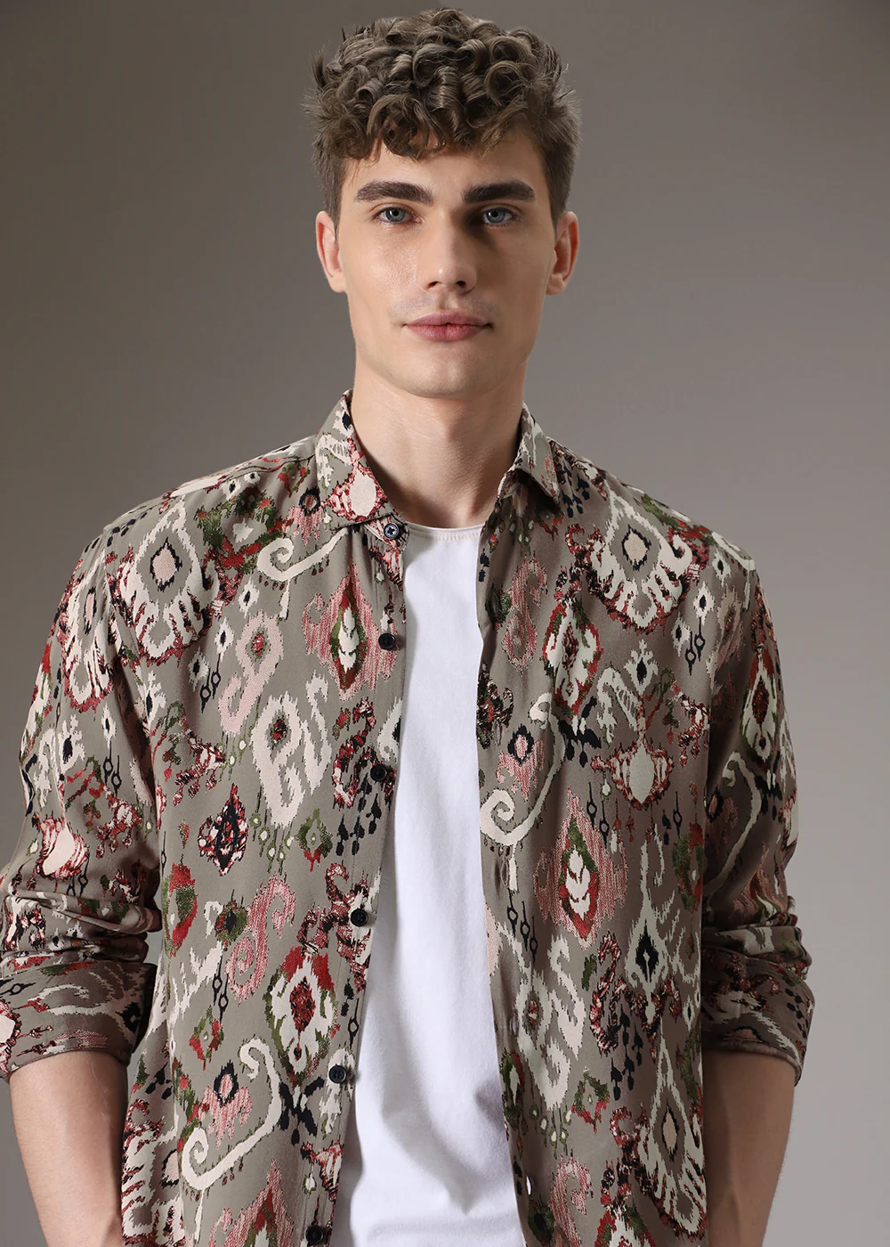 Ikat Tan Beige Feather Shirt - Image 6