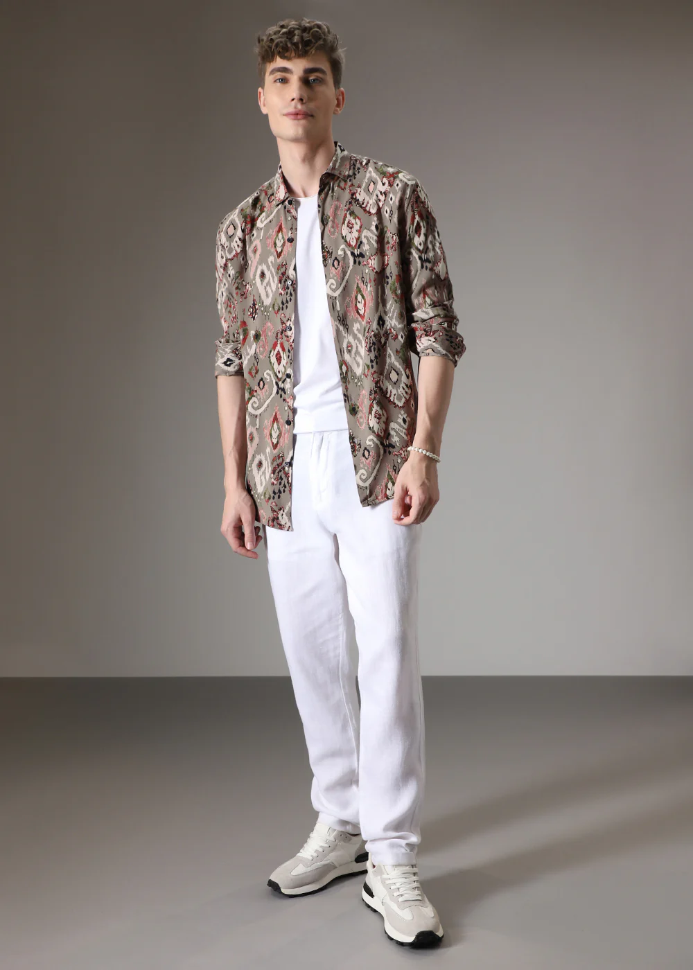 Ikat Tan Beige Feather Shirt - Image 7
