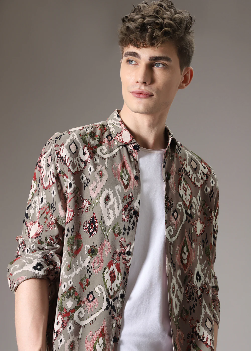 Ikat Tan Beige Feather Shirt - Image 8