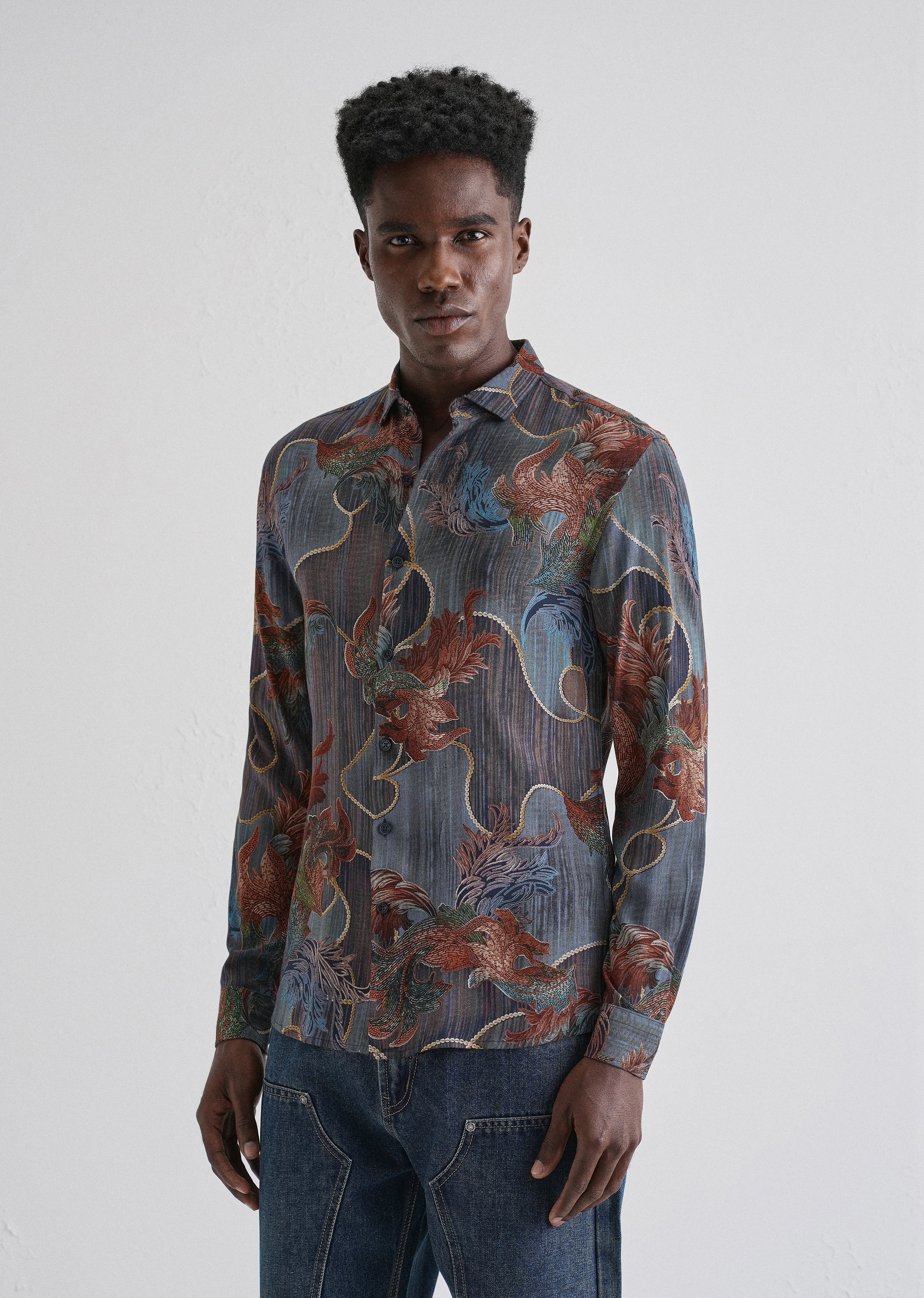 Indigenous Orange Print Feather Shirt - Image 4