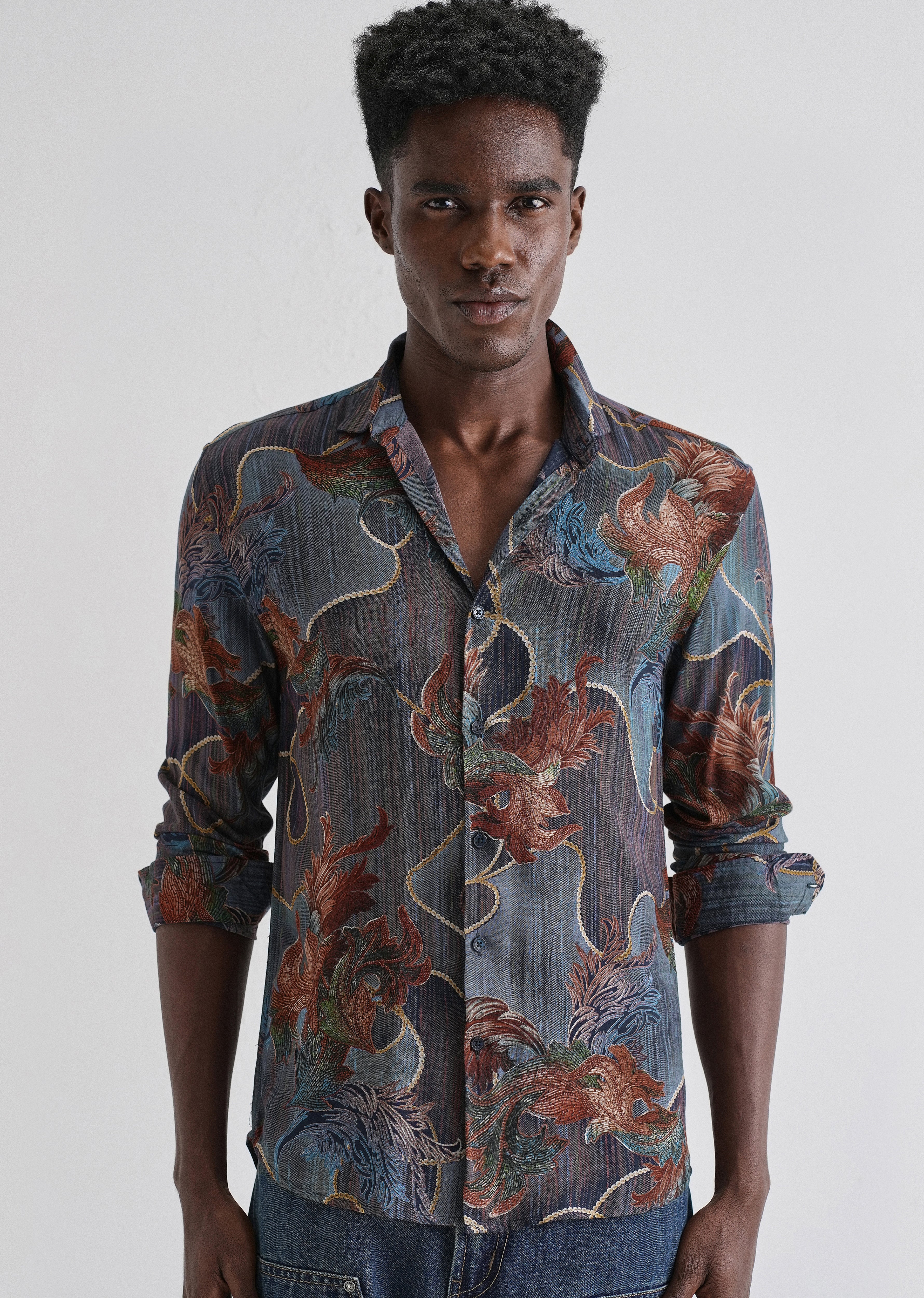 Indigenous Orange Print Feather Shirt - Image 7