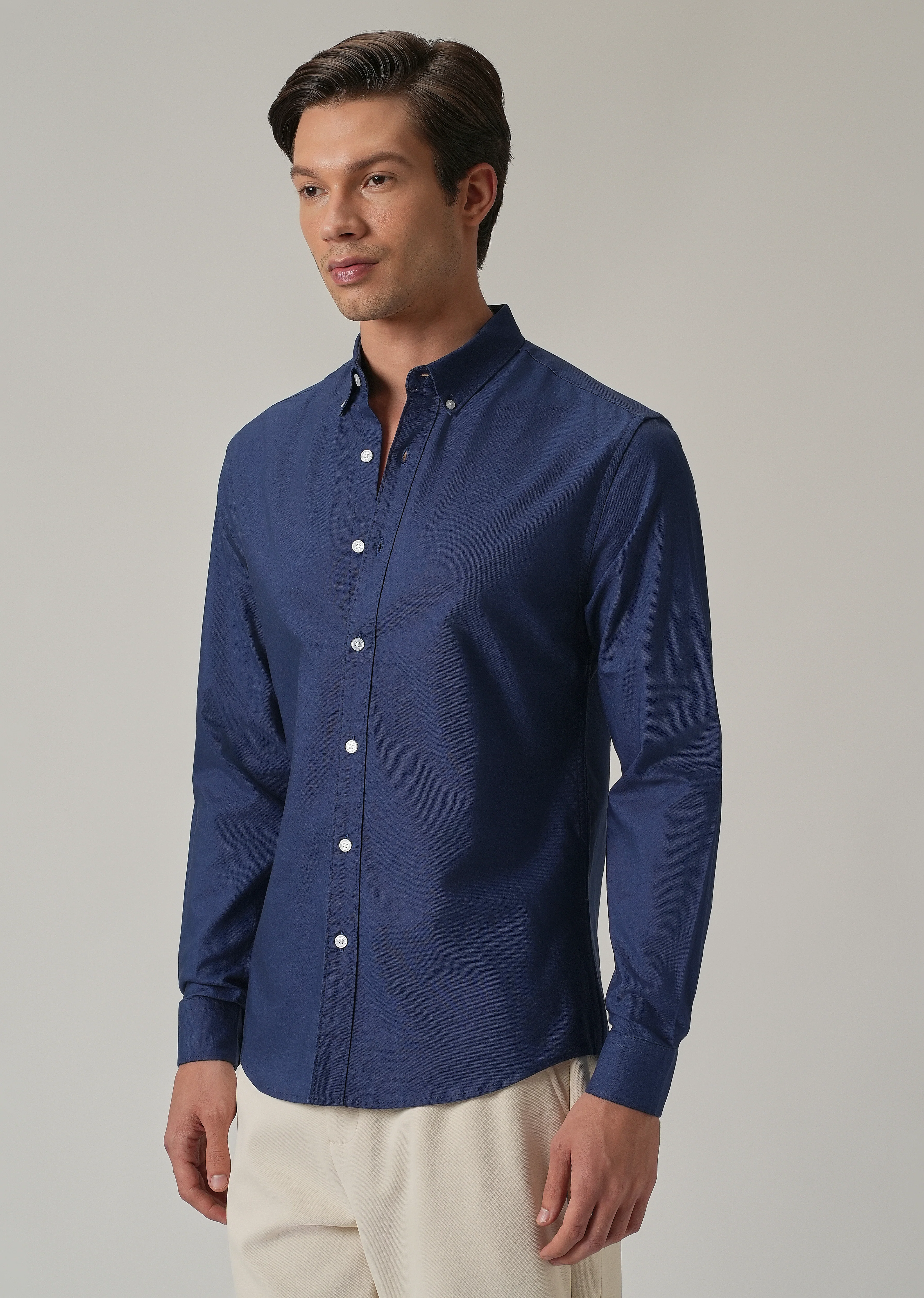 Indigo Blue Plain Elbow Patch Oxford Shirt - Image 5