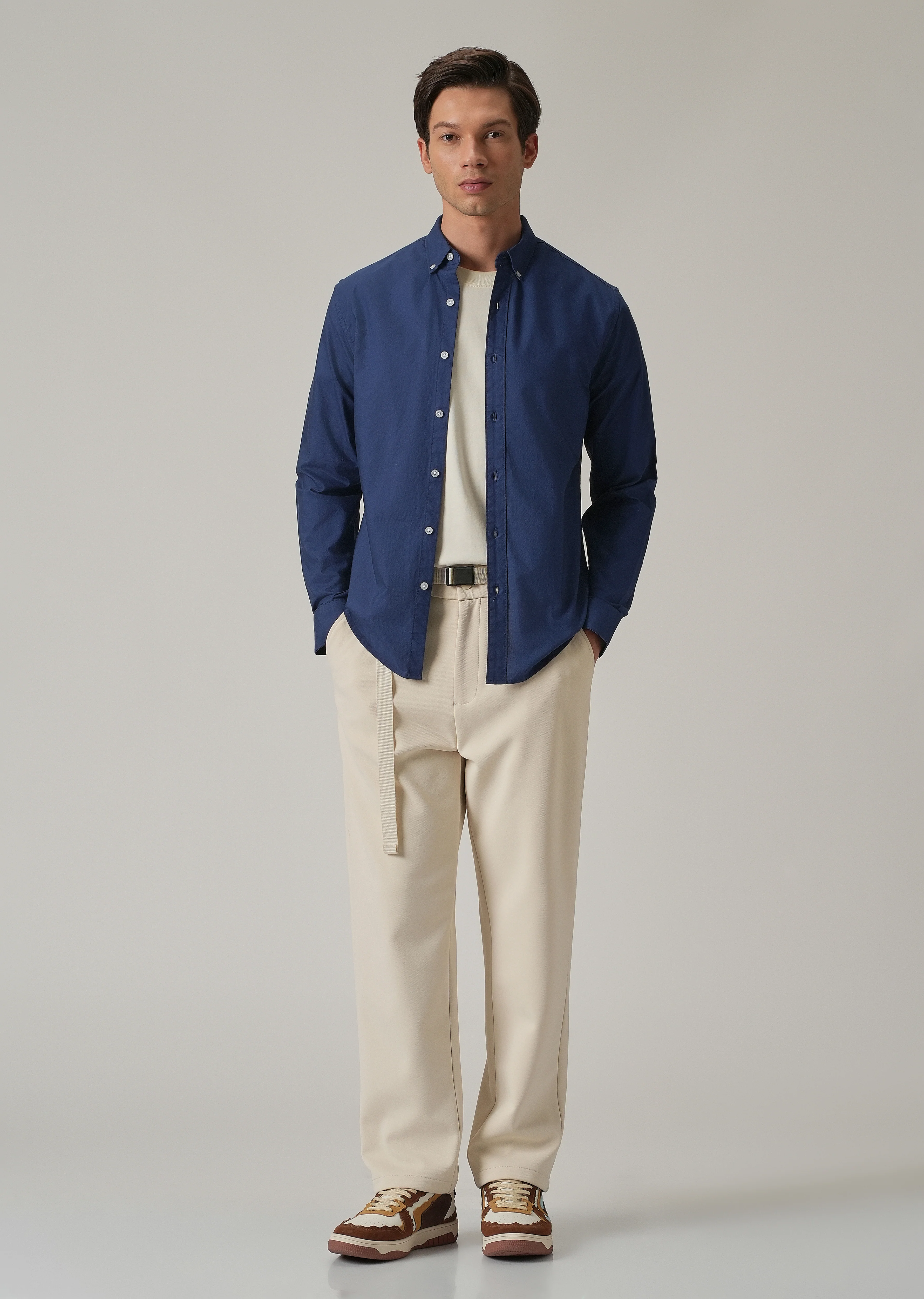 Indigo Blue Plain Elbow Patch Oxford Shirt - Image 7