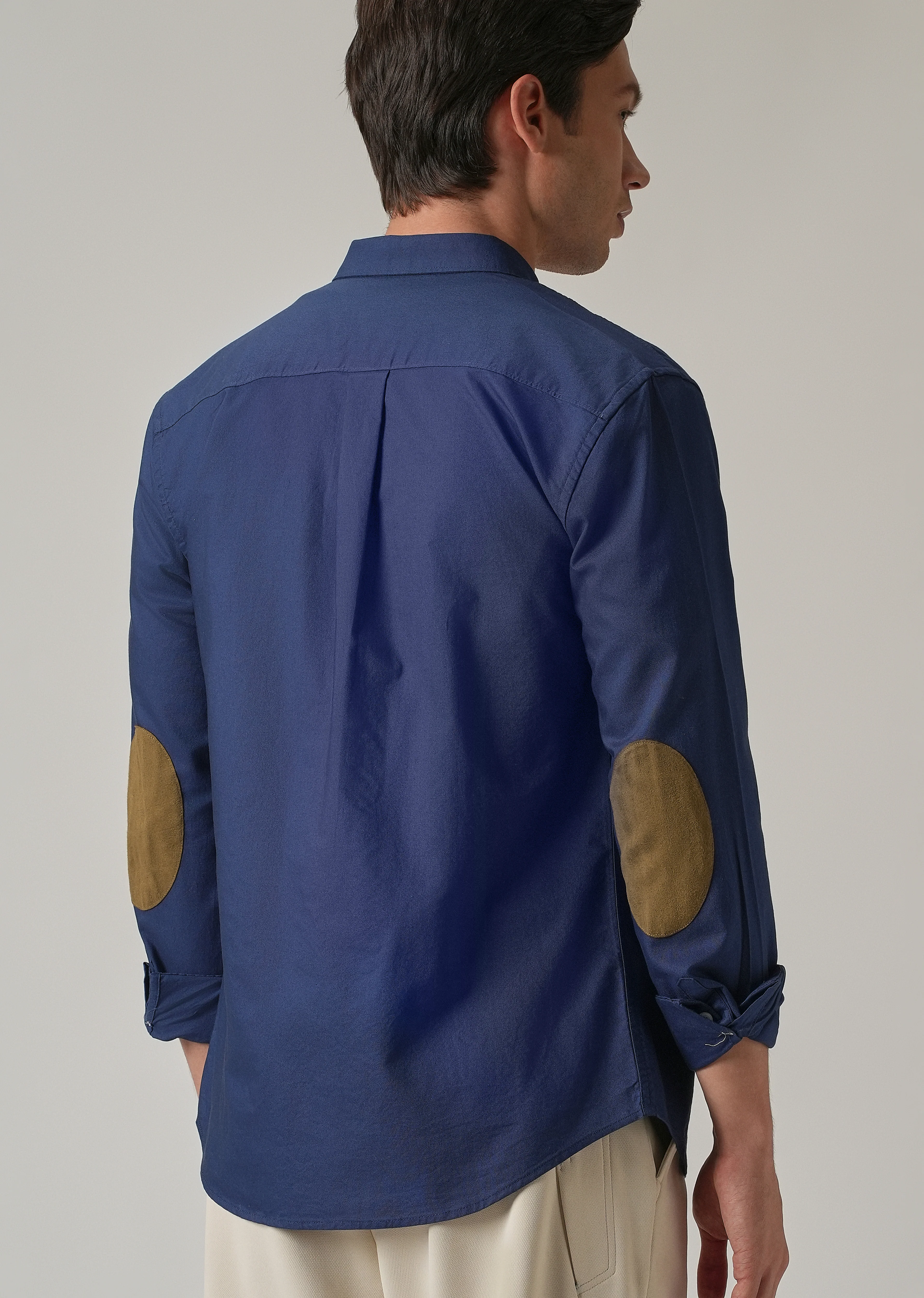Indigo Blue Plain Elbow Patch Oxford Shirt - Image 8