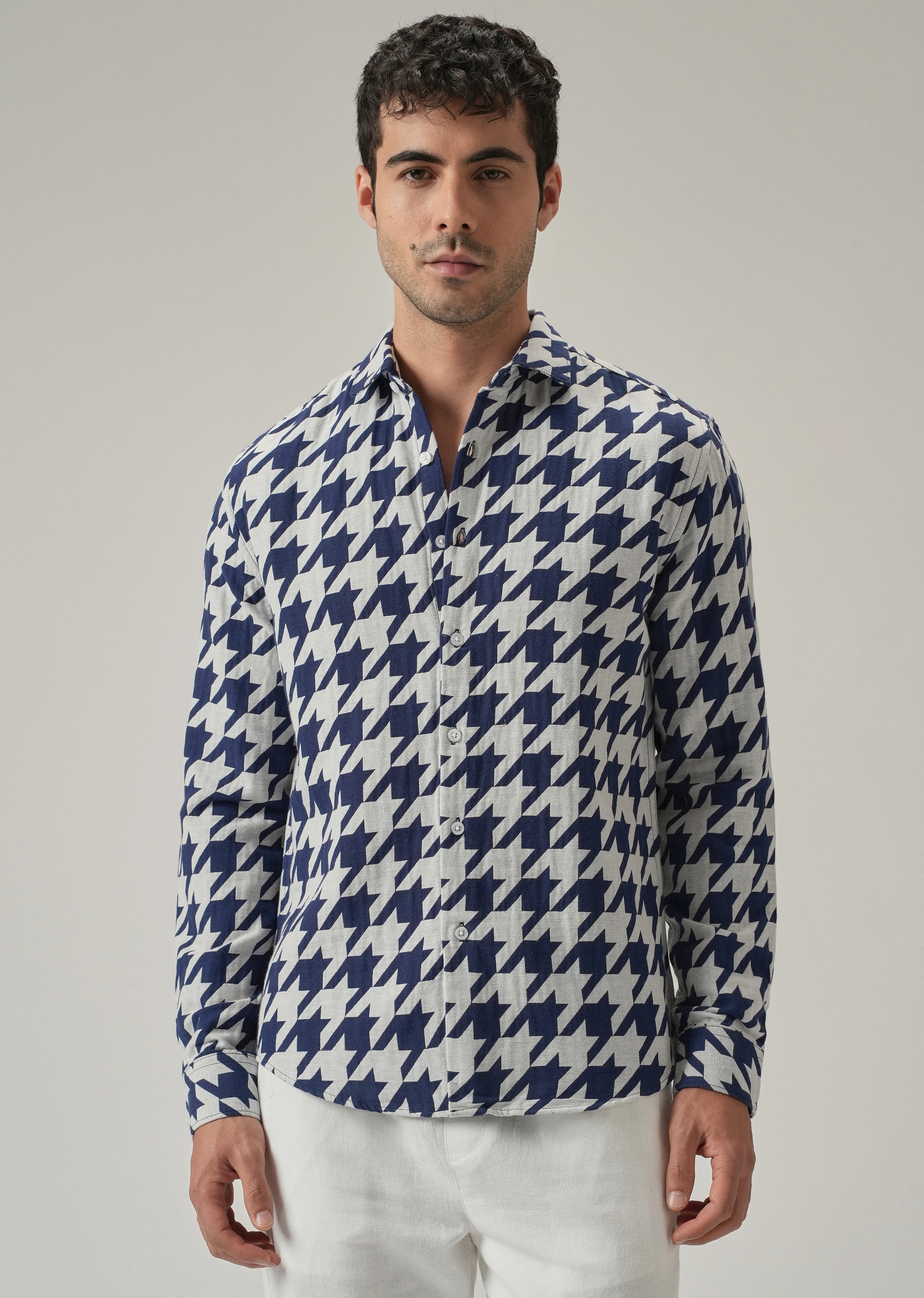 Indigo Herringbone Pattern Shirt - Image 3