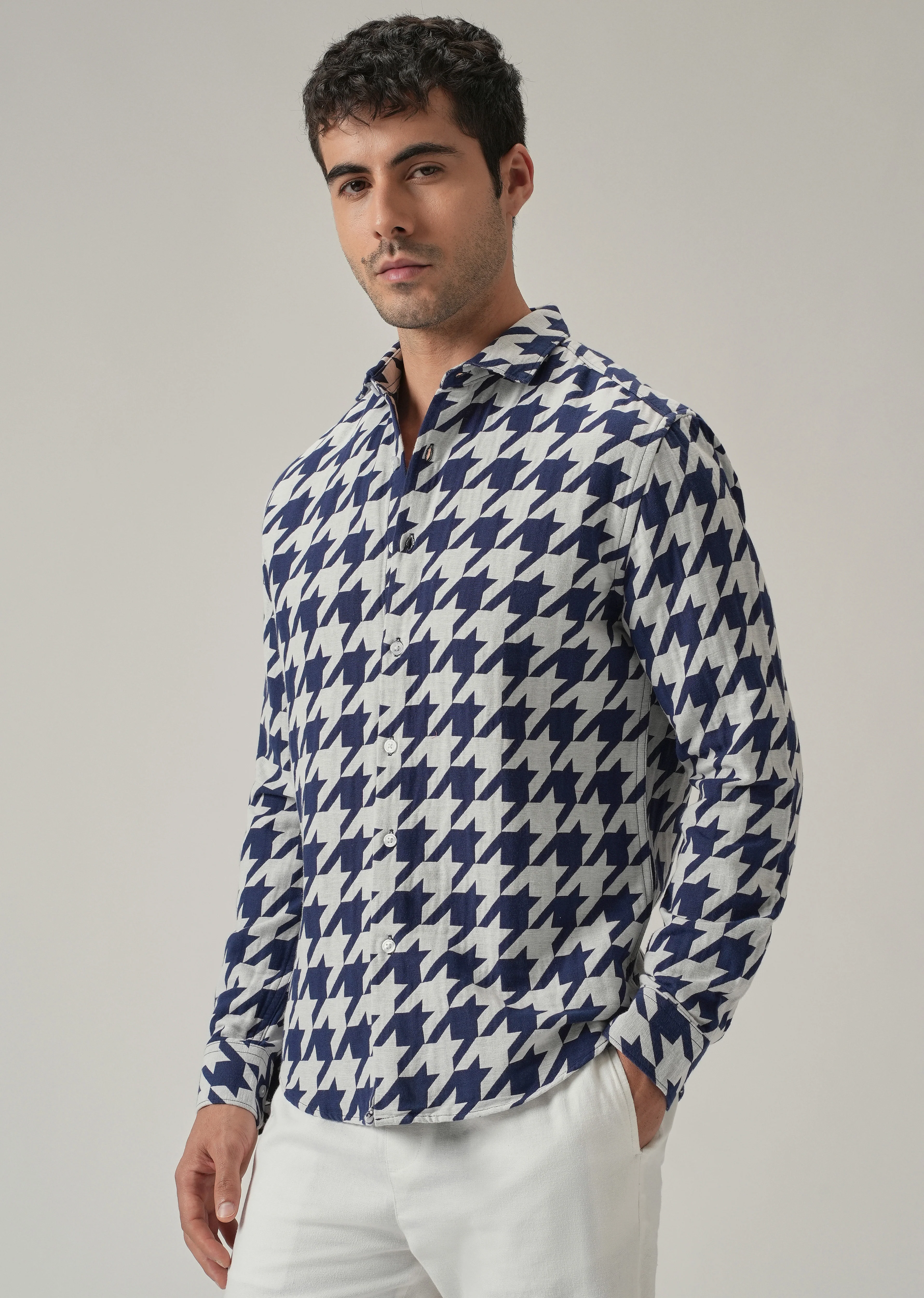 Indigo Herringbone Pattern Shirt - Image 4