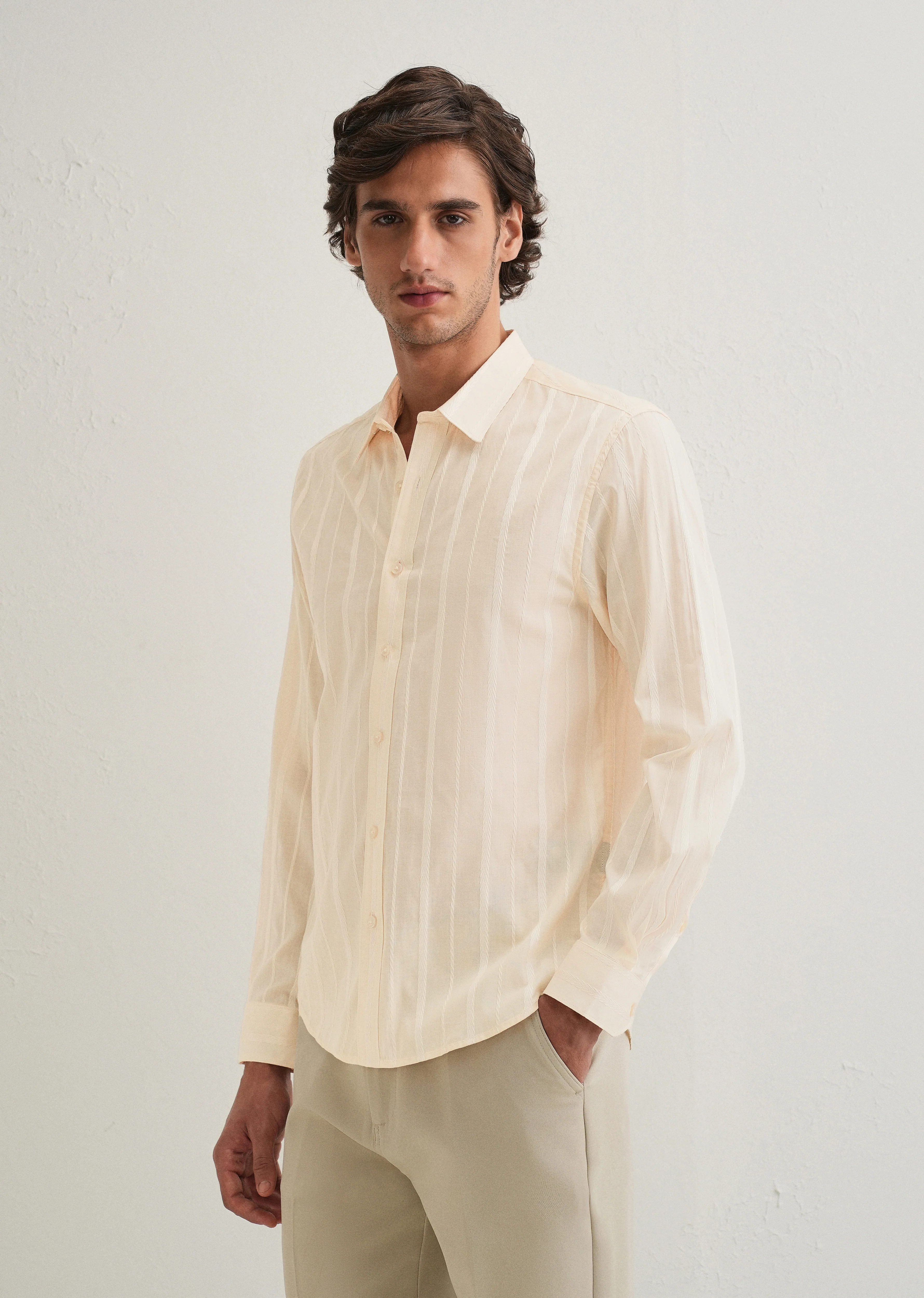 Ivory Beige Herringbone Pattern Shirt - Image 4