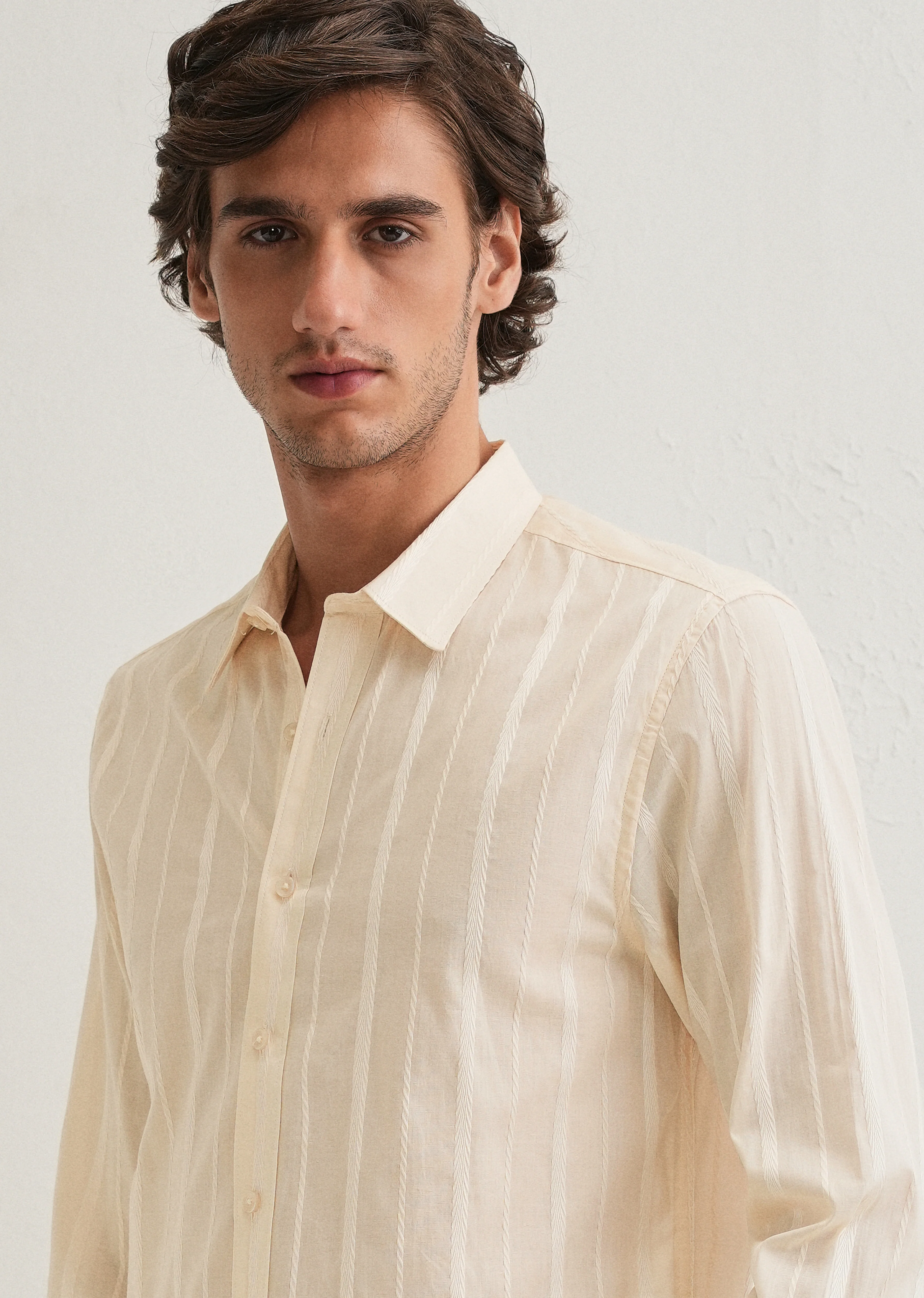 Ivory Beige Herringbone Pattern Shirt - Image 5