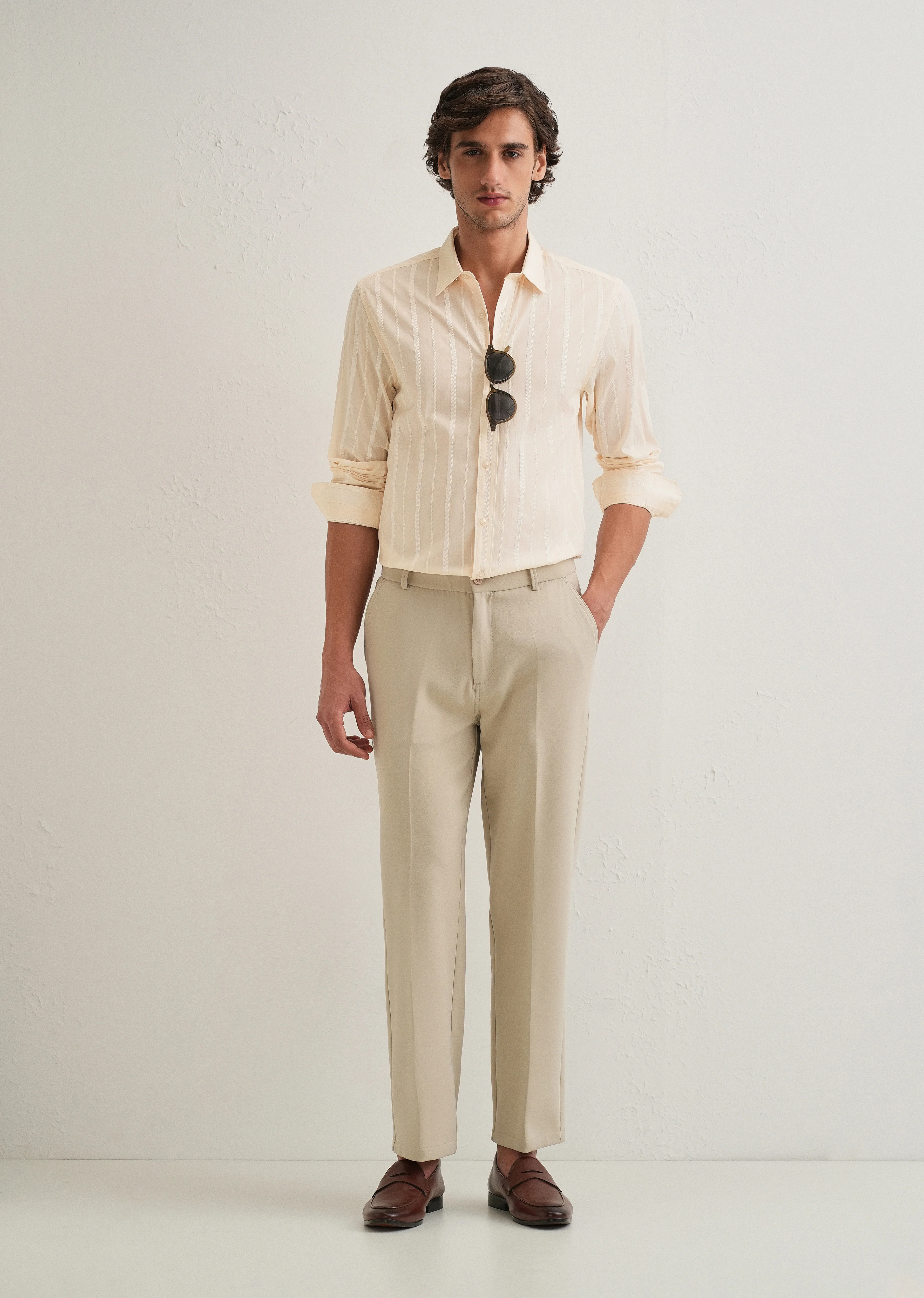 Ivory Beige Herringbone Pattern Shirt - Image 6