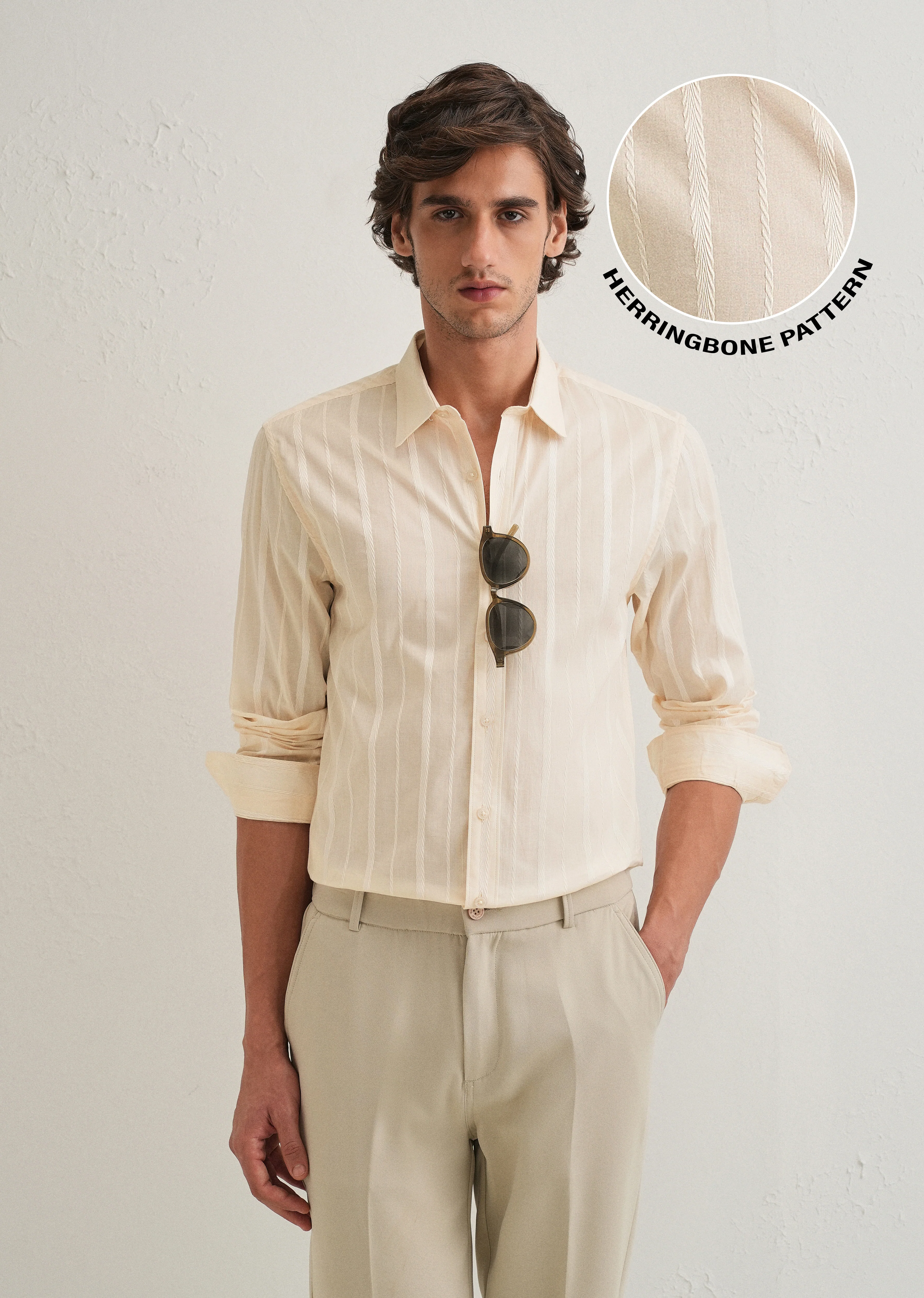 Ivory Beige Herringbone Pattern Shirt - Image 7