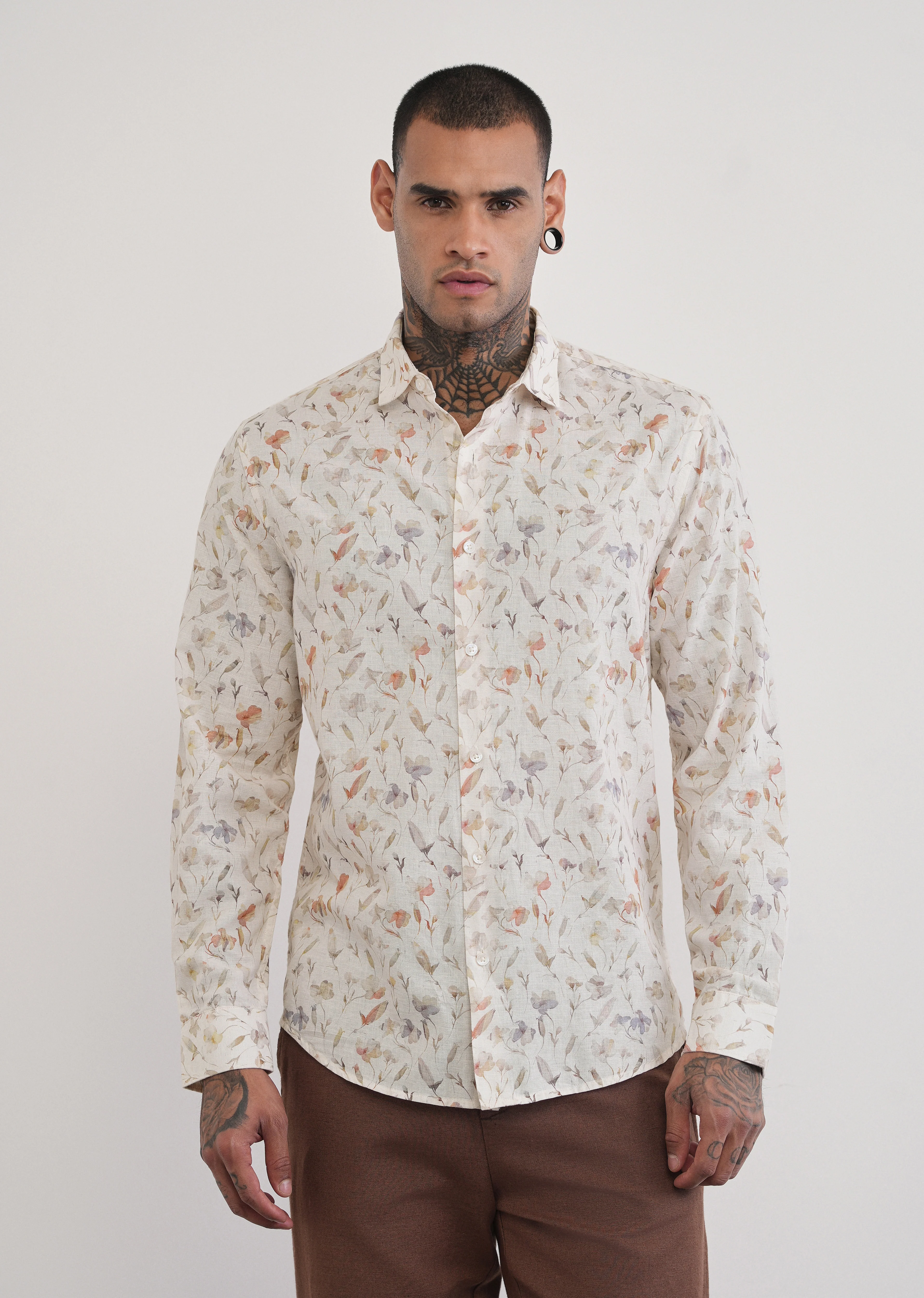 Ivory Botanical Print Cotton Linen Shirt - Image 3