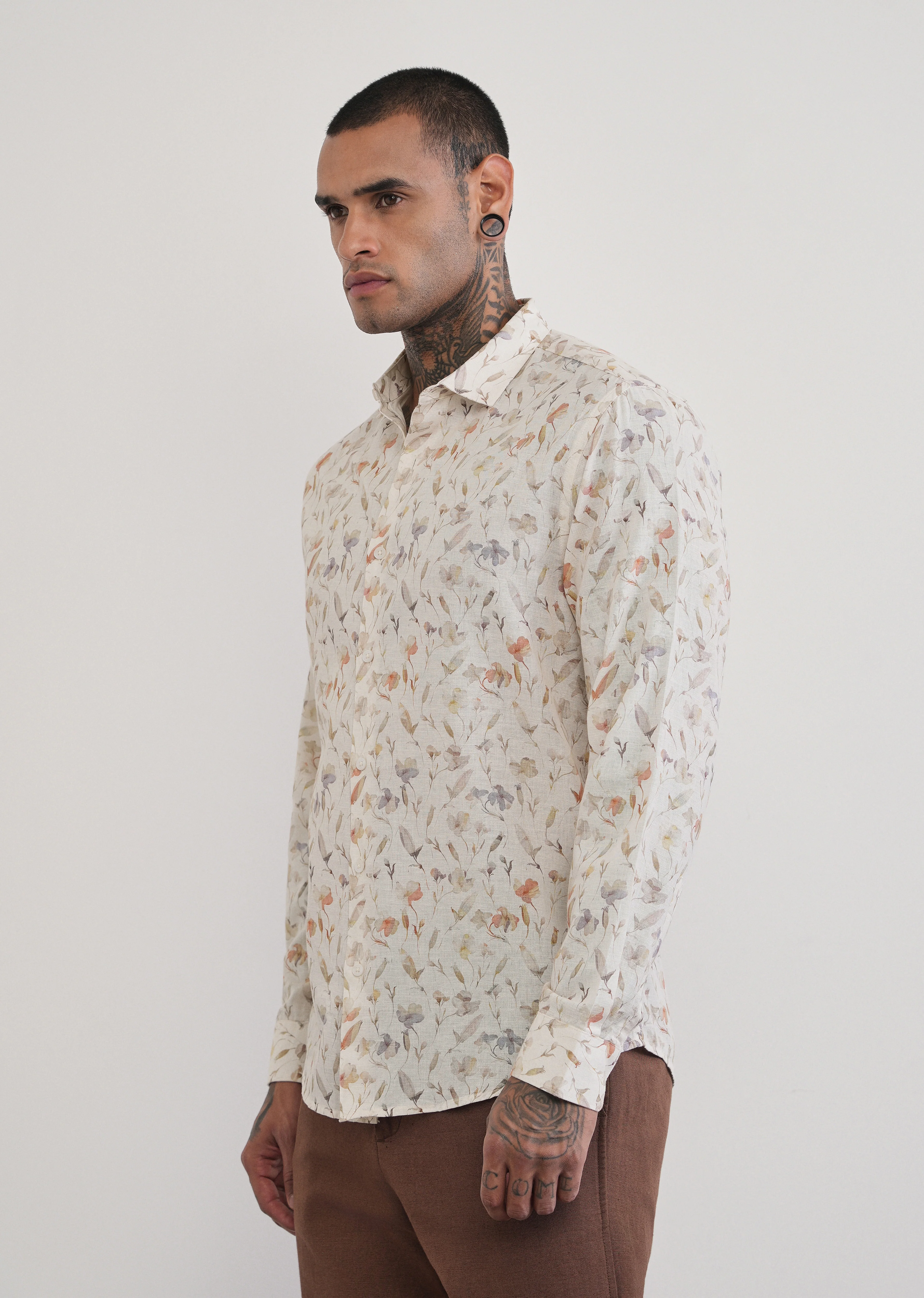 Ivory Botanical Print Cotton Linen Shirt - Image 4