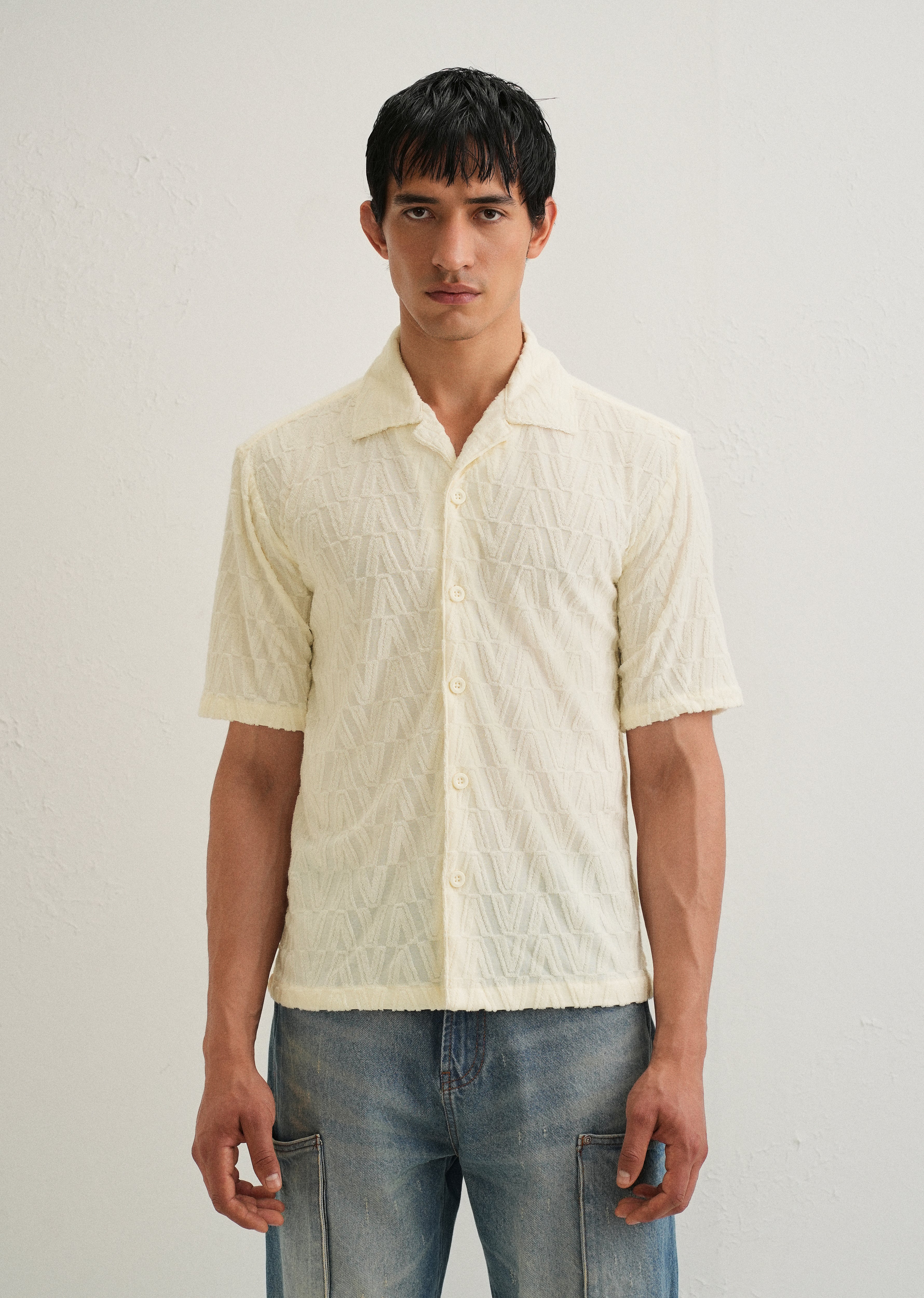 Ivory Cream Jacquard Knitted Shirt - Image 3