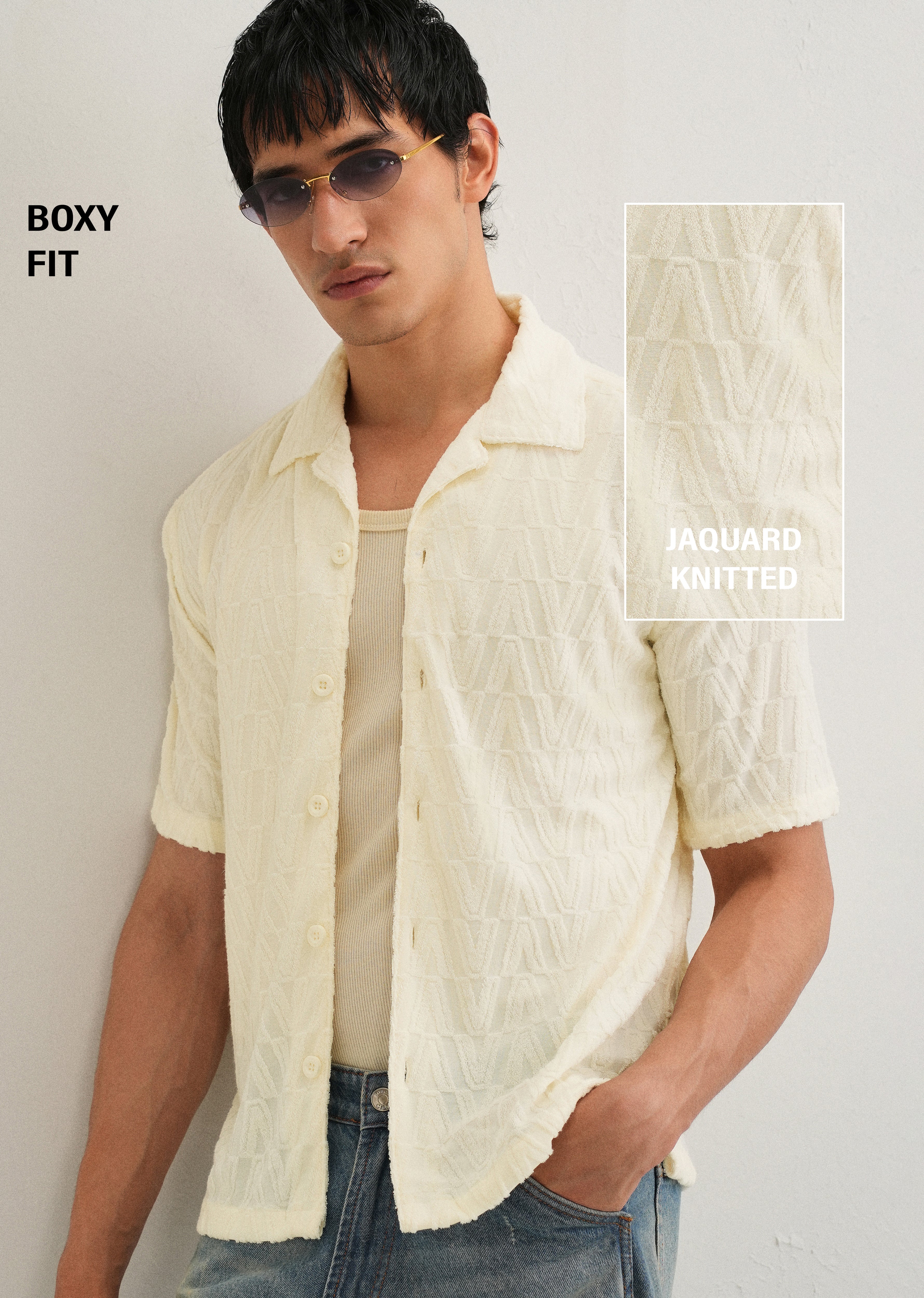 Ivory Cream Jacquard Knitted Shirt - Image 7