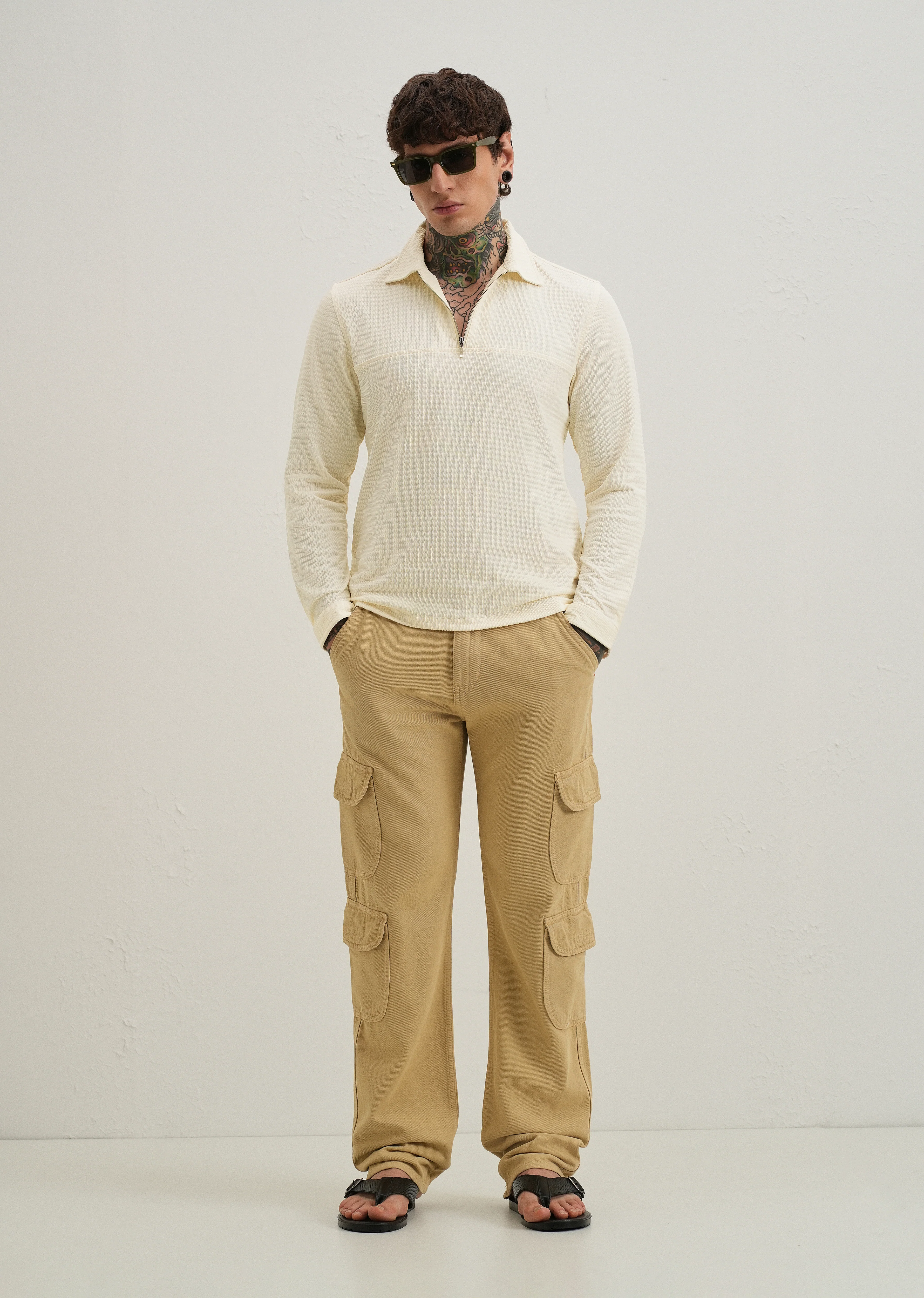 Ivory Cream Zipper Polo Knit T-shirt - Image 6