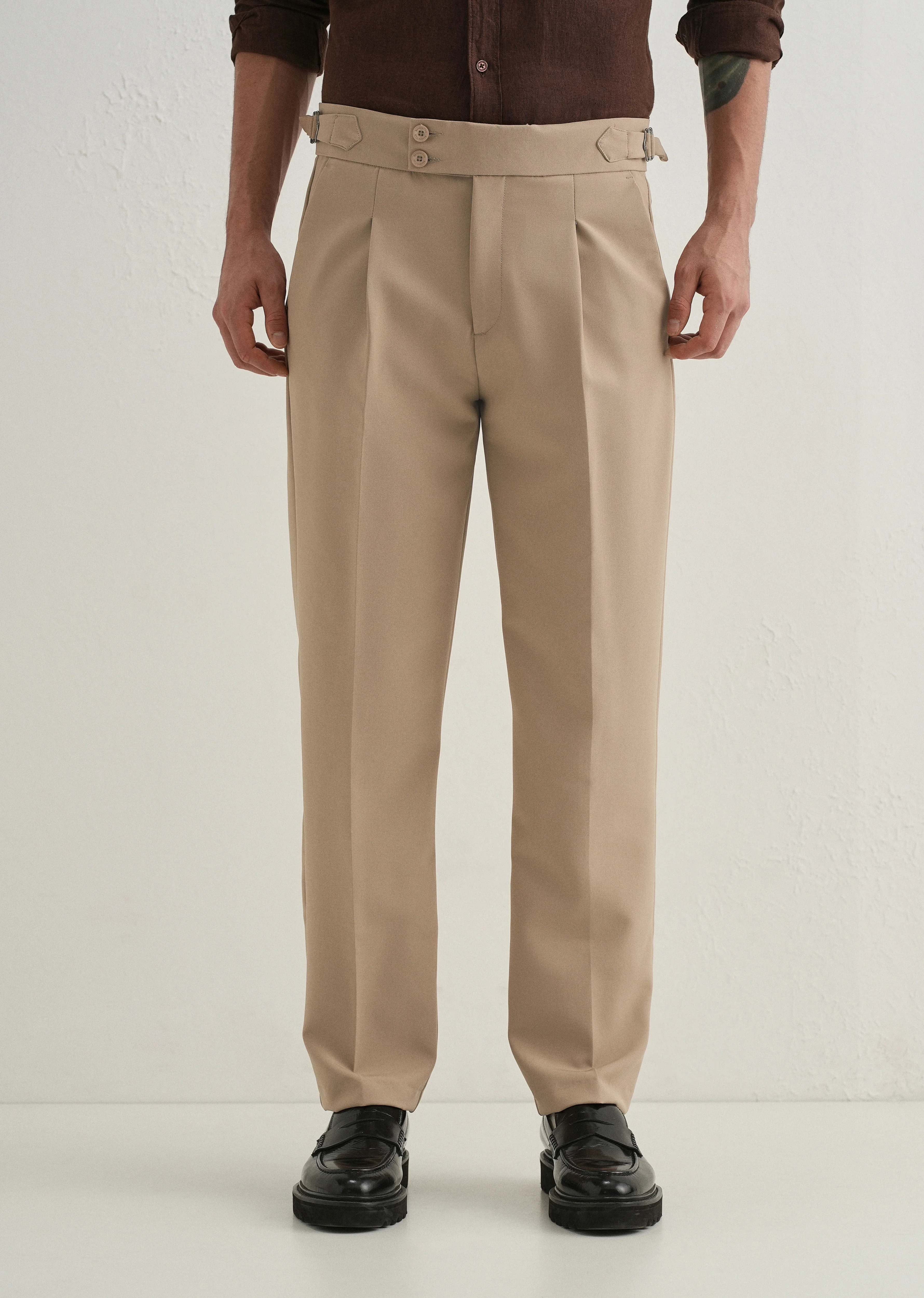 Khaki Beige Pleated Gurkha Pant - Image 4