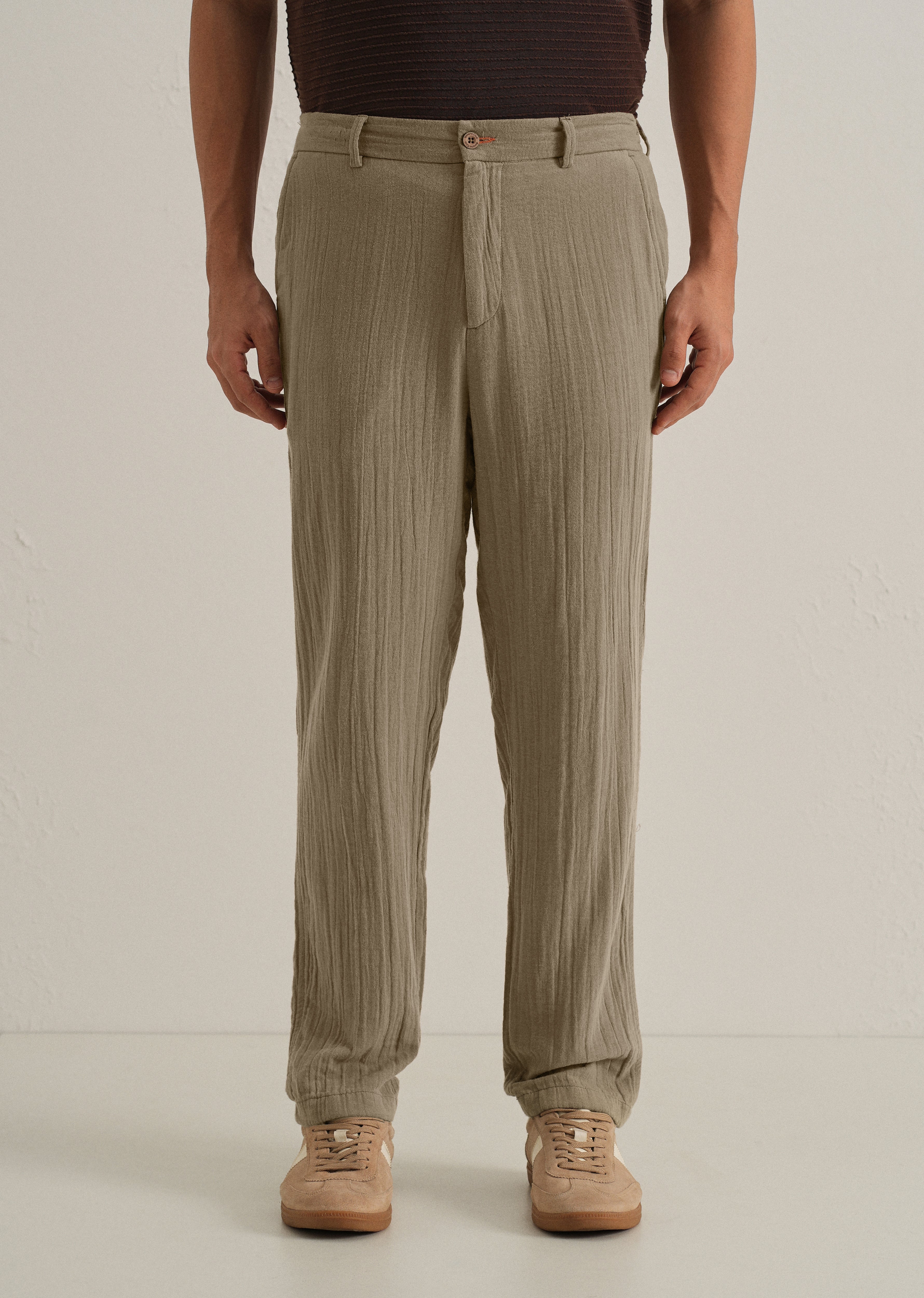 Khaki Crinkled Cotton Trouser - Image 3
