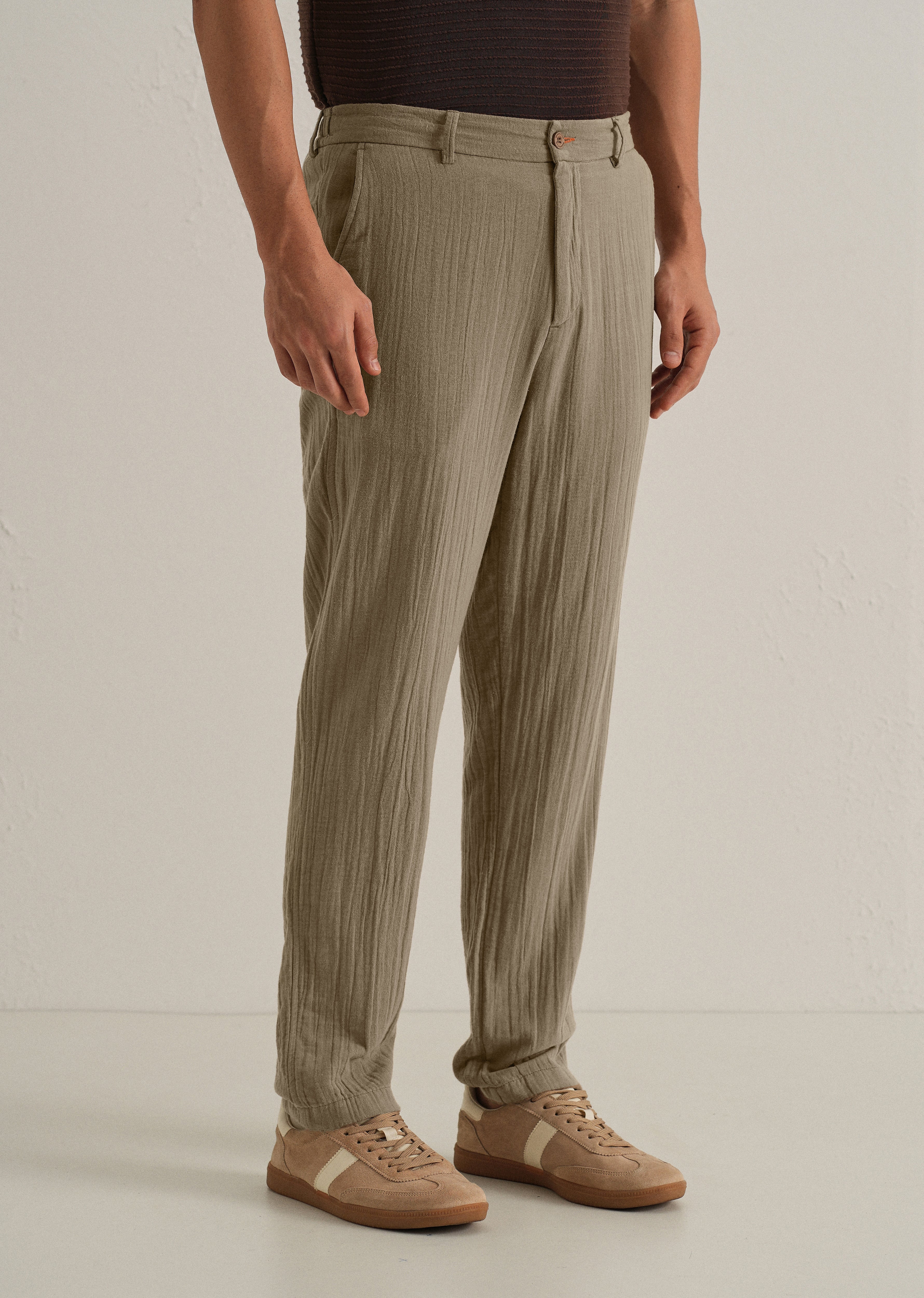 Khaki Crinkled Cotton Trouser - Image 5