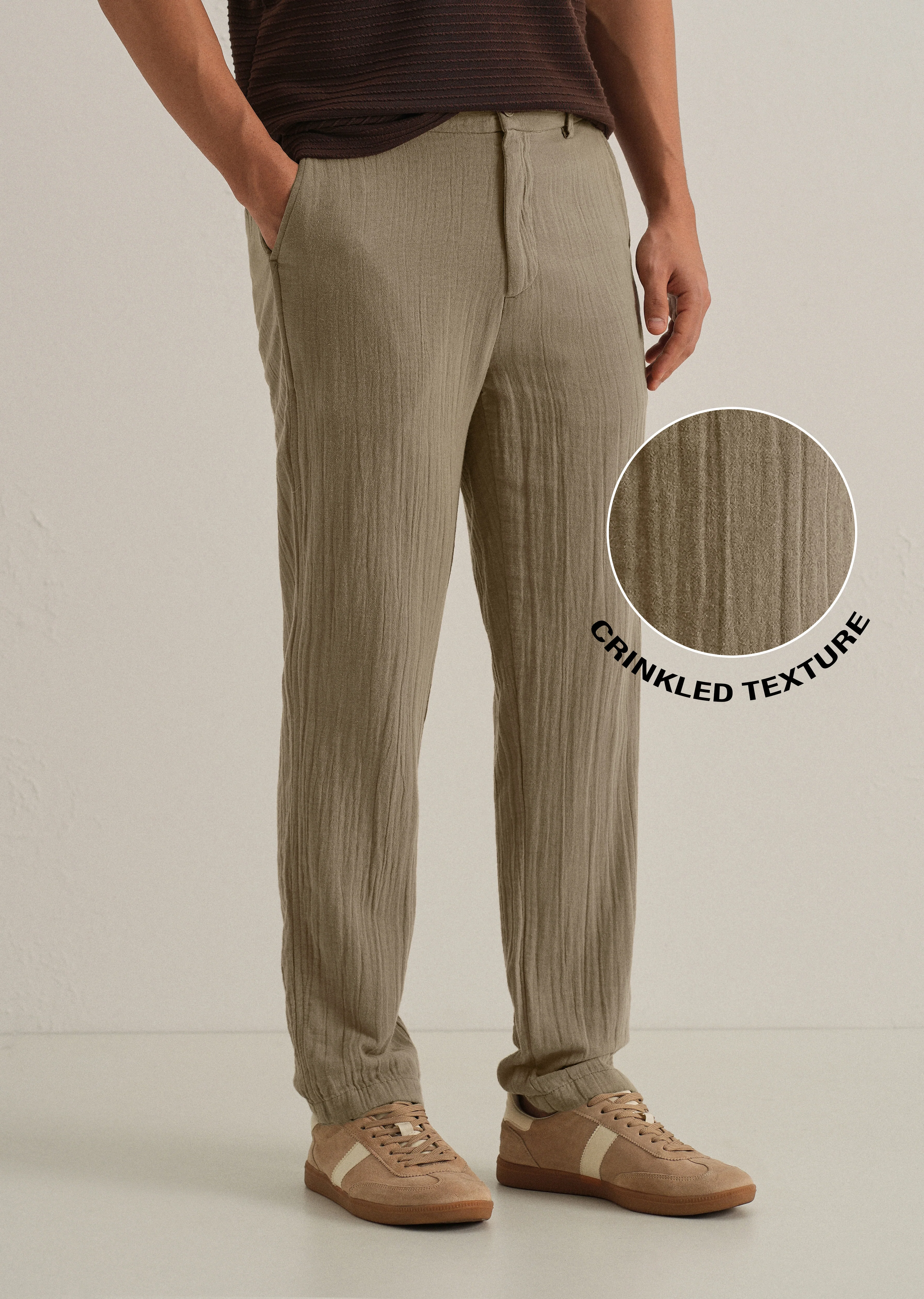 Khaki Crinkled Cotton Trouser - Image 7