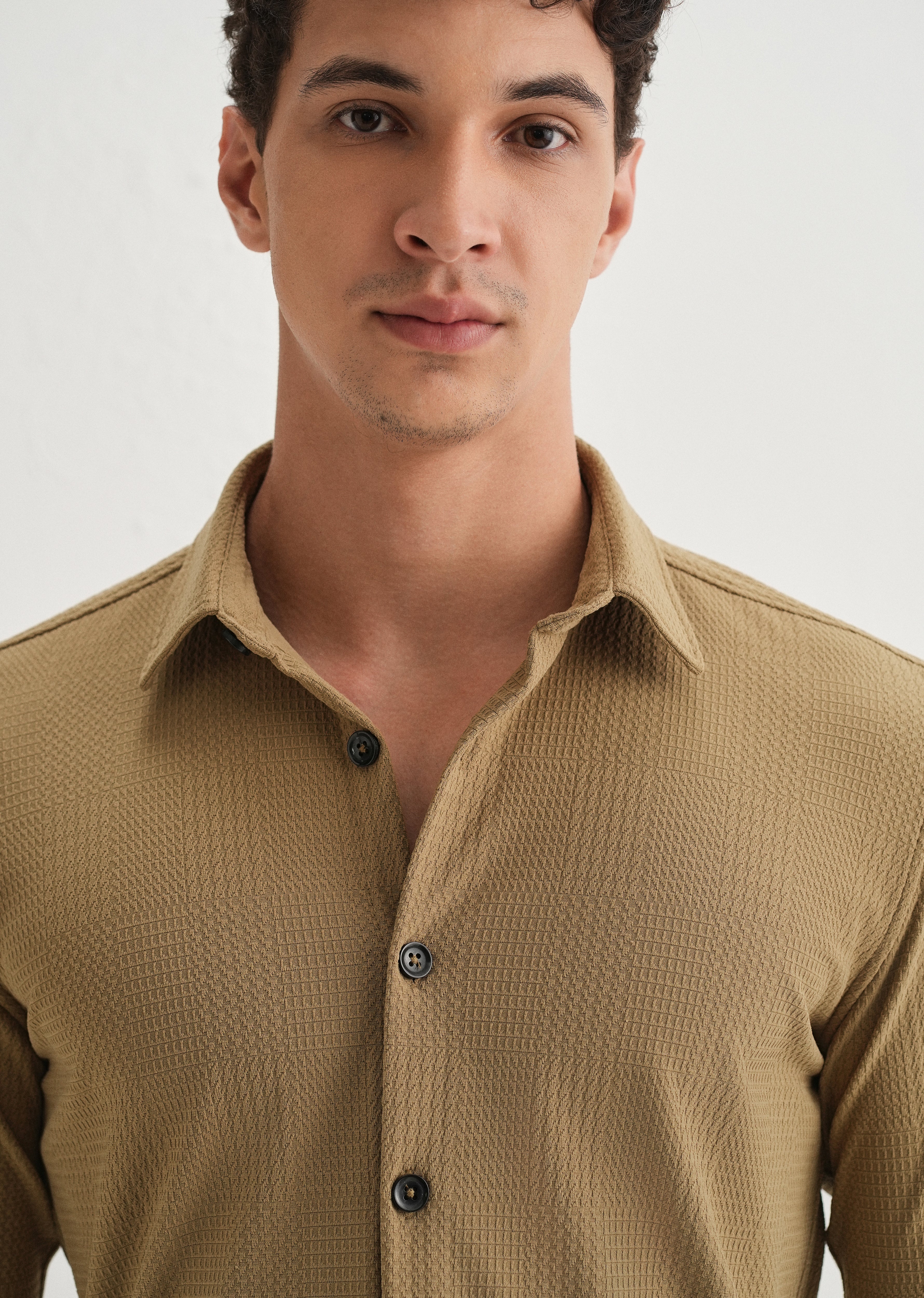 Khaki Grid Textured Knit Shirt - Image 5