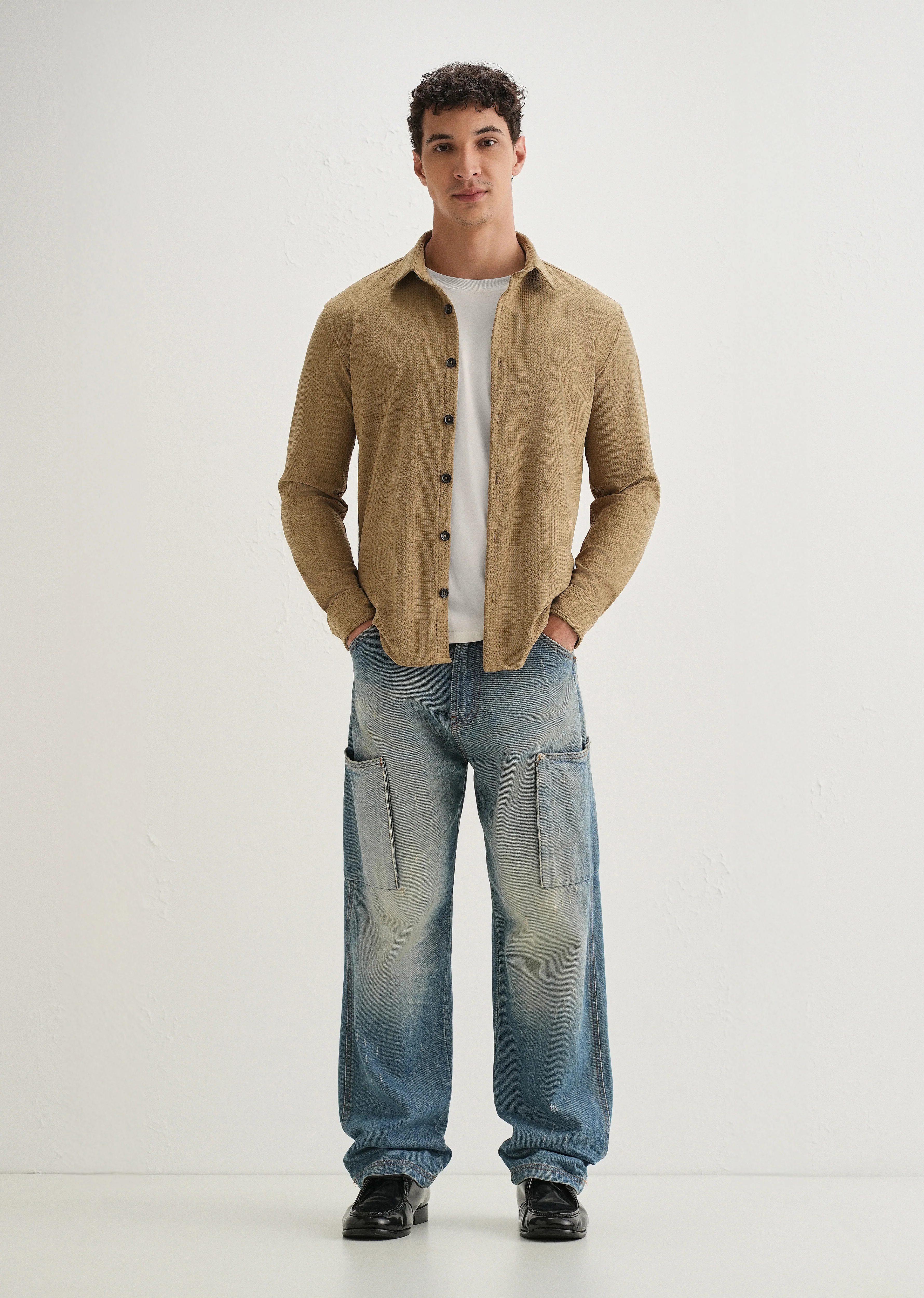 Khaki Grid Textured Knit Shirt - Image 6