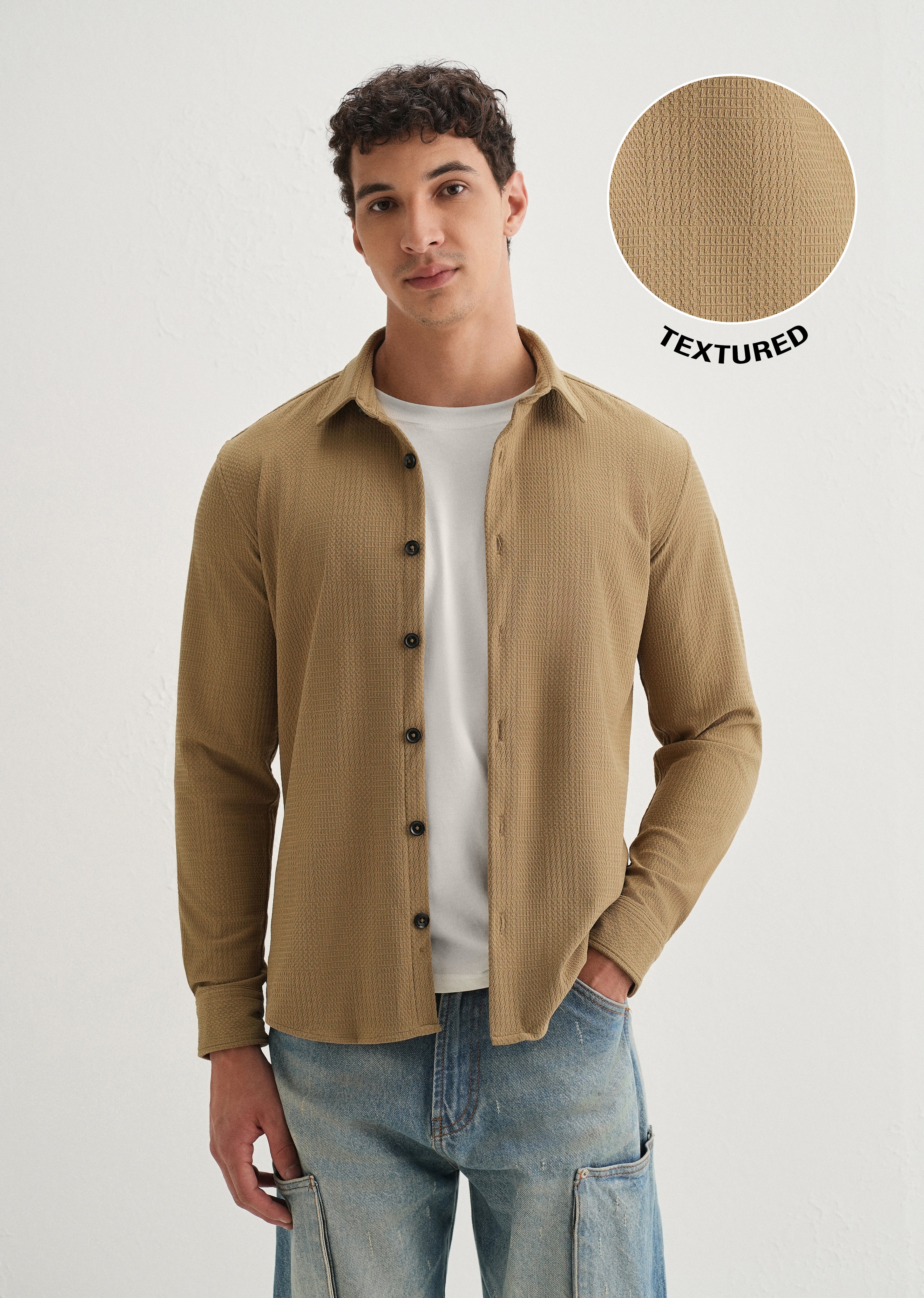 Khaki Grid Textured Knit Shirt - Image 7
