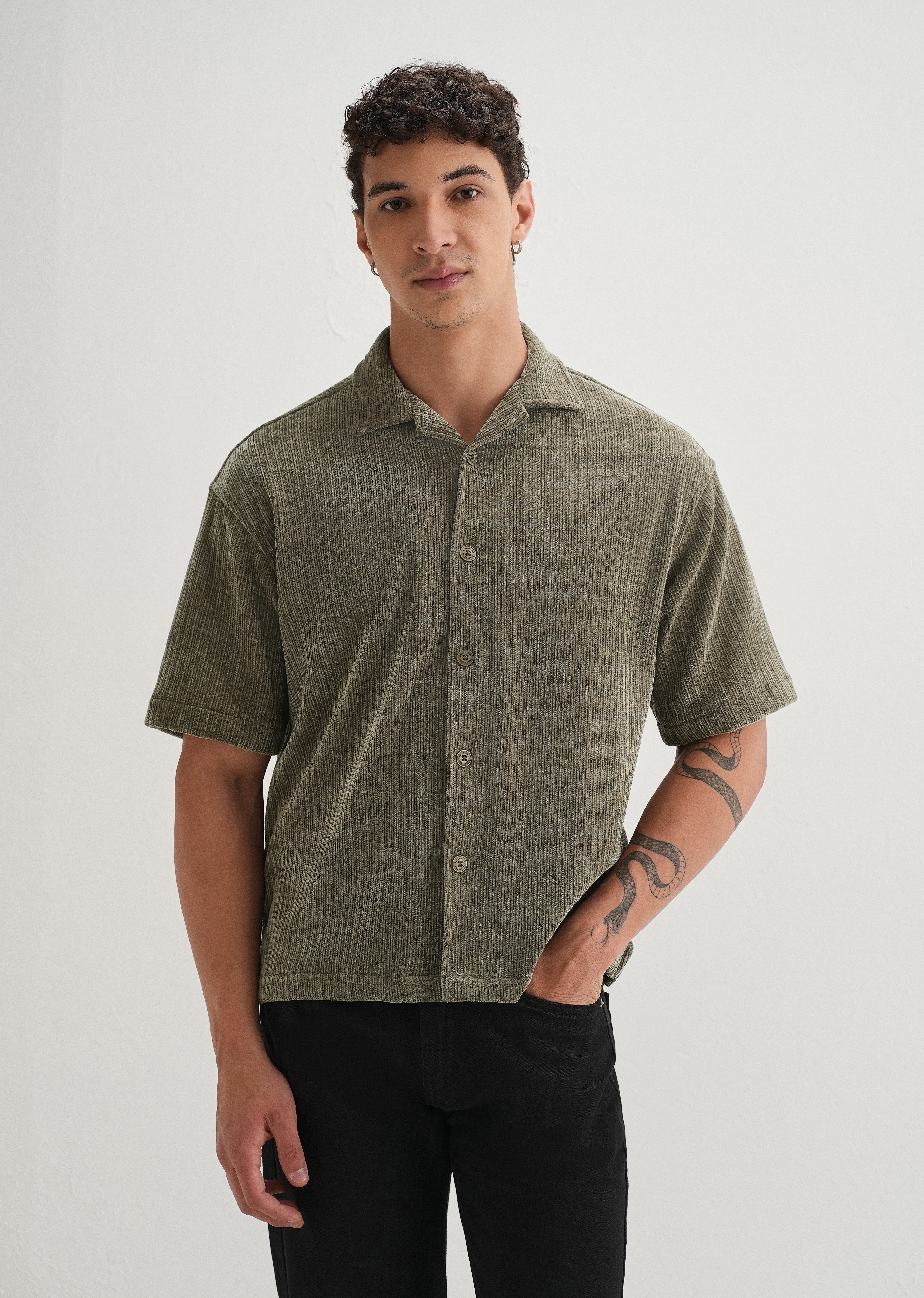 Khaki Olive Suede Knit Half Sleeve Shirt - Image 3