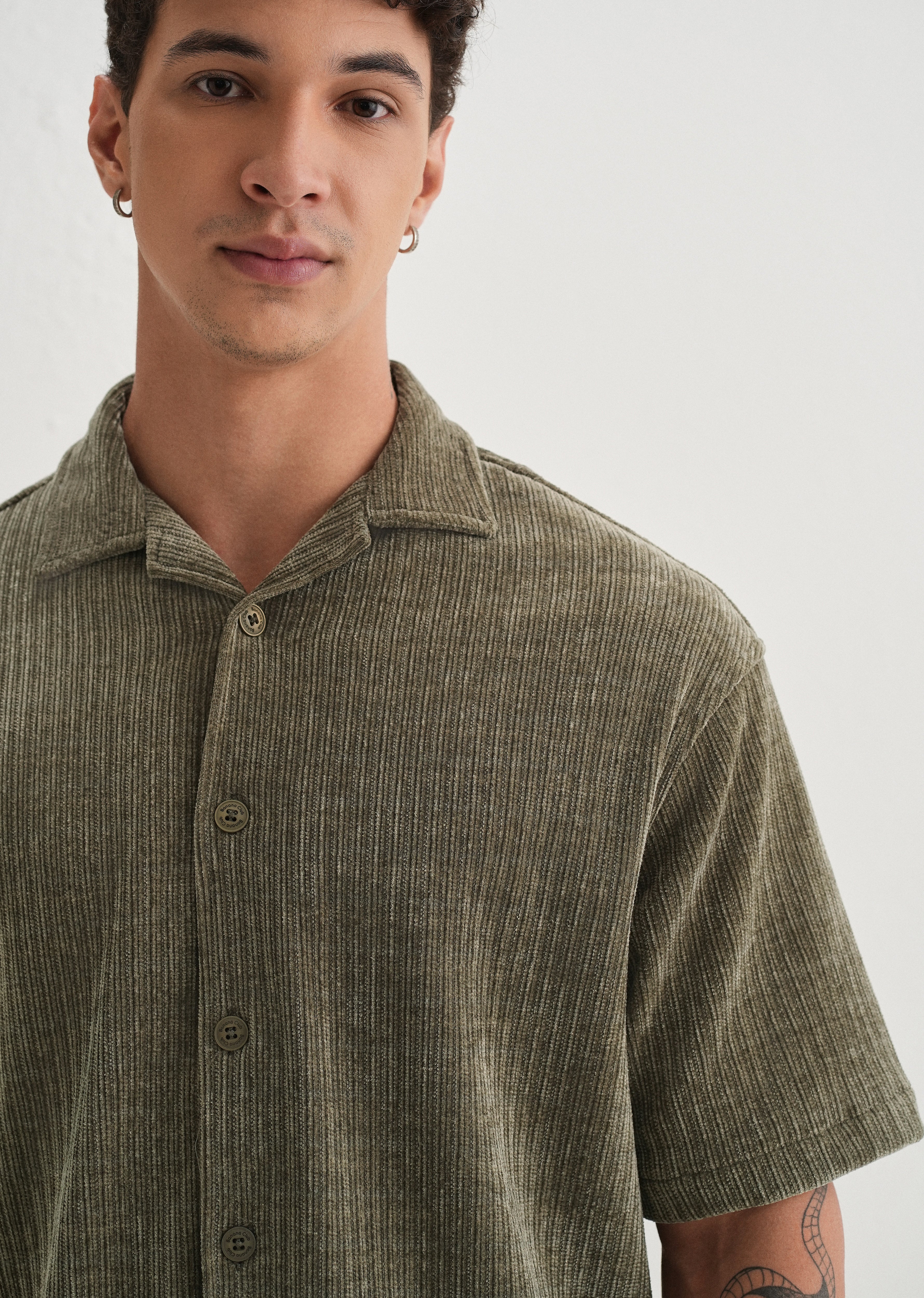 Khaki Olive Suede Knit Half Sleeve Shirt - Image 5