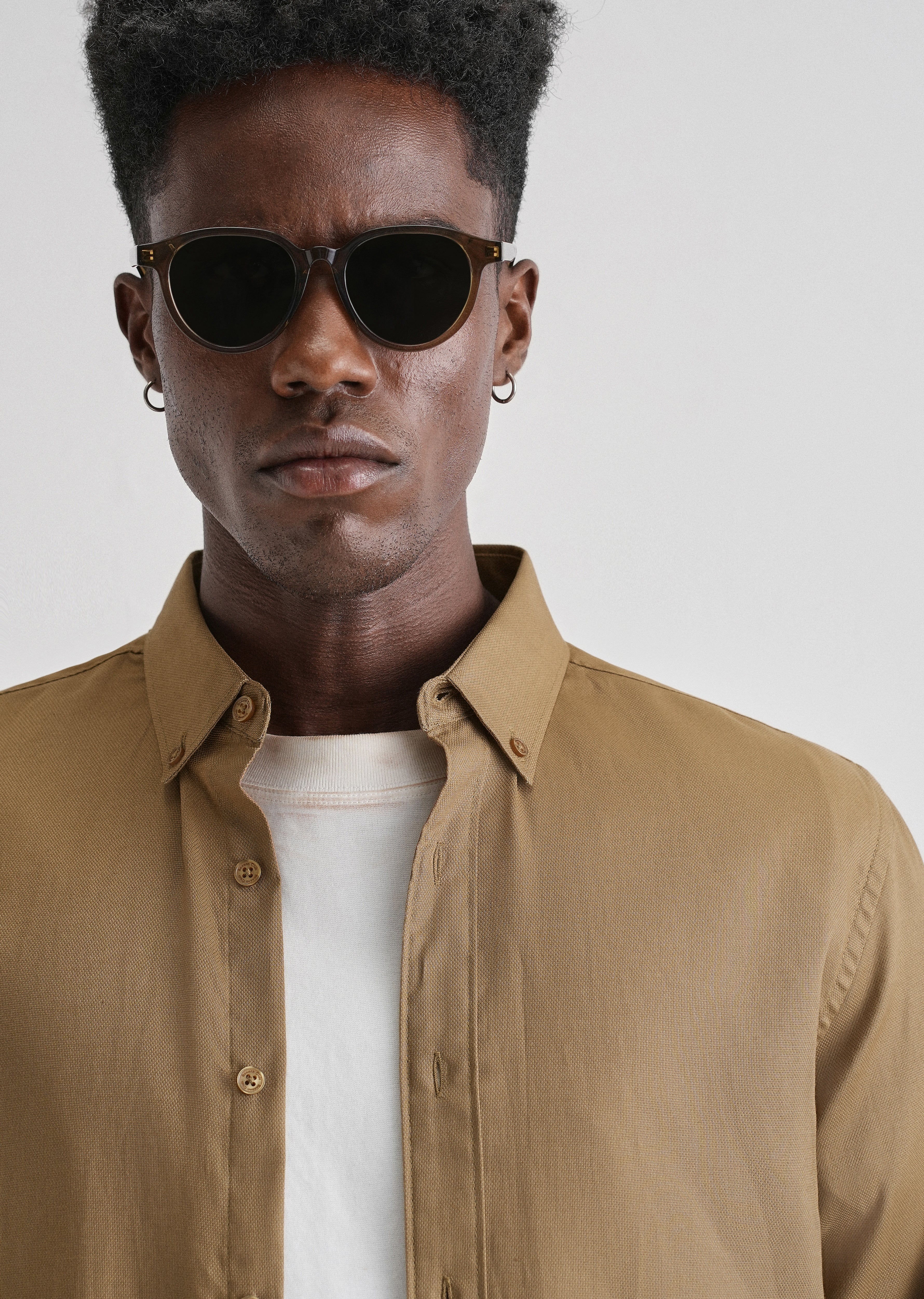 Khaki Plain Blended Cotton Regular Fit Shirt - Image 5