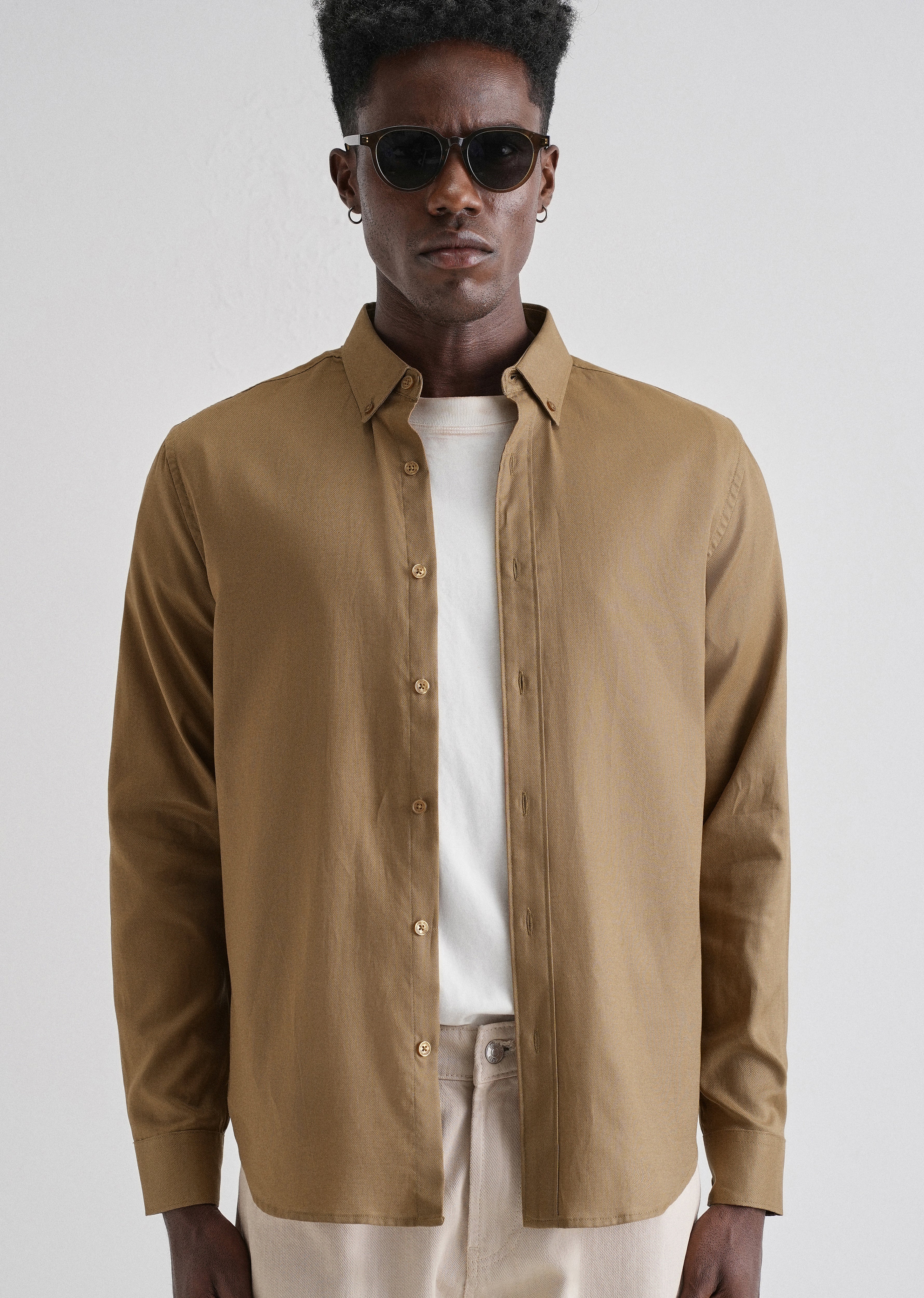 Khaki Plain Blended Cotton Regular Fit Shirt - Image 7