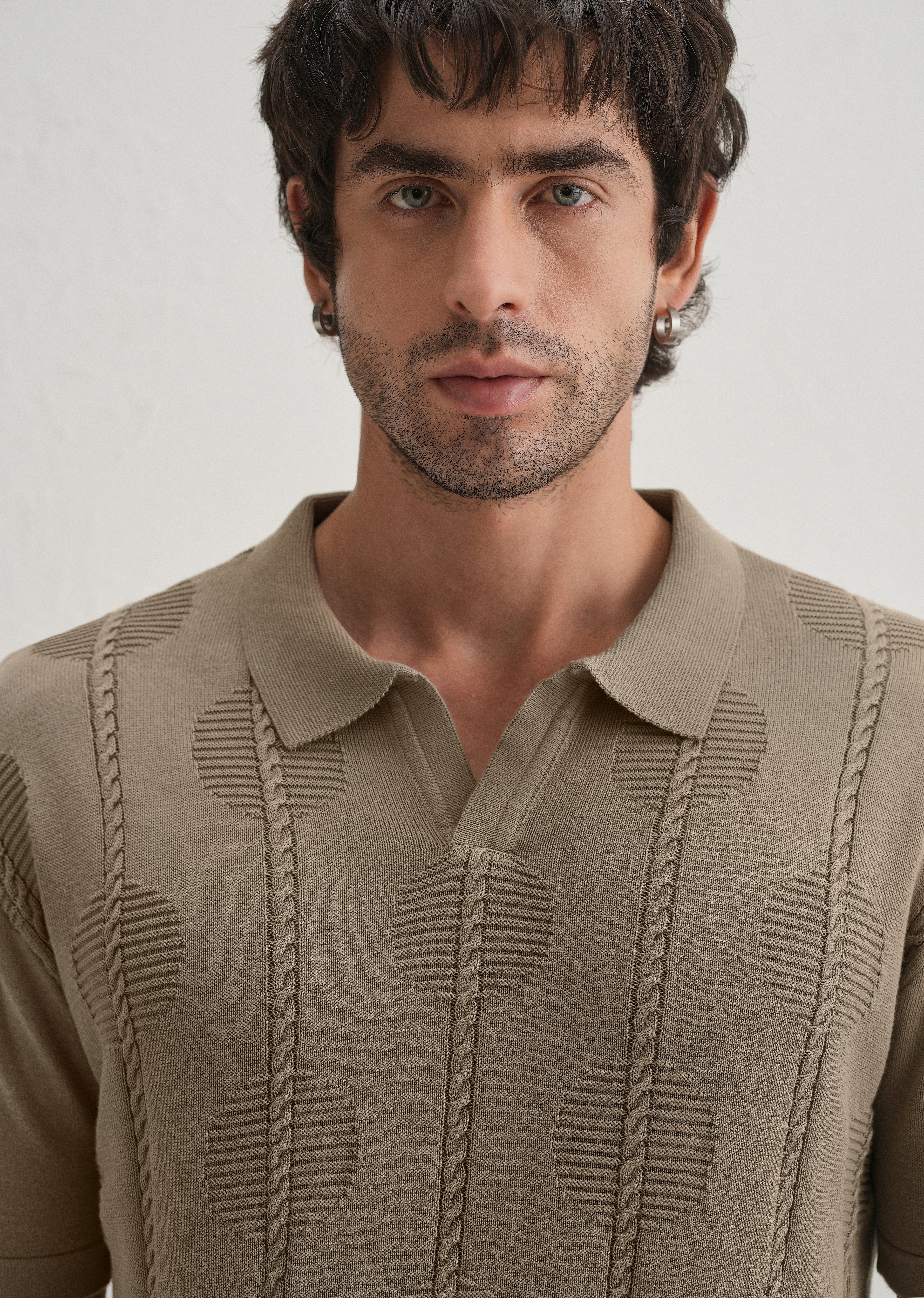Knitted Taupe Beige Polo T-shirt - Image 5