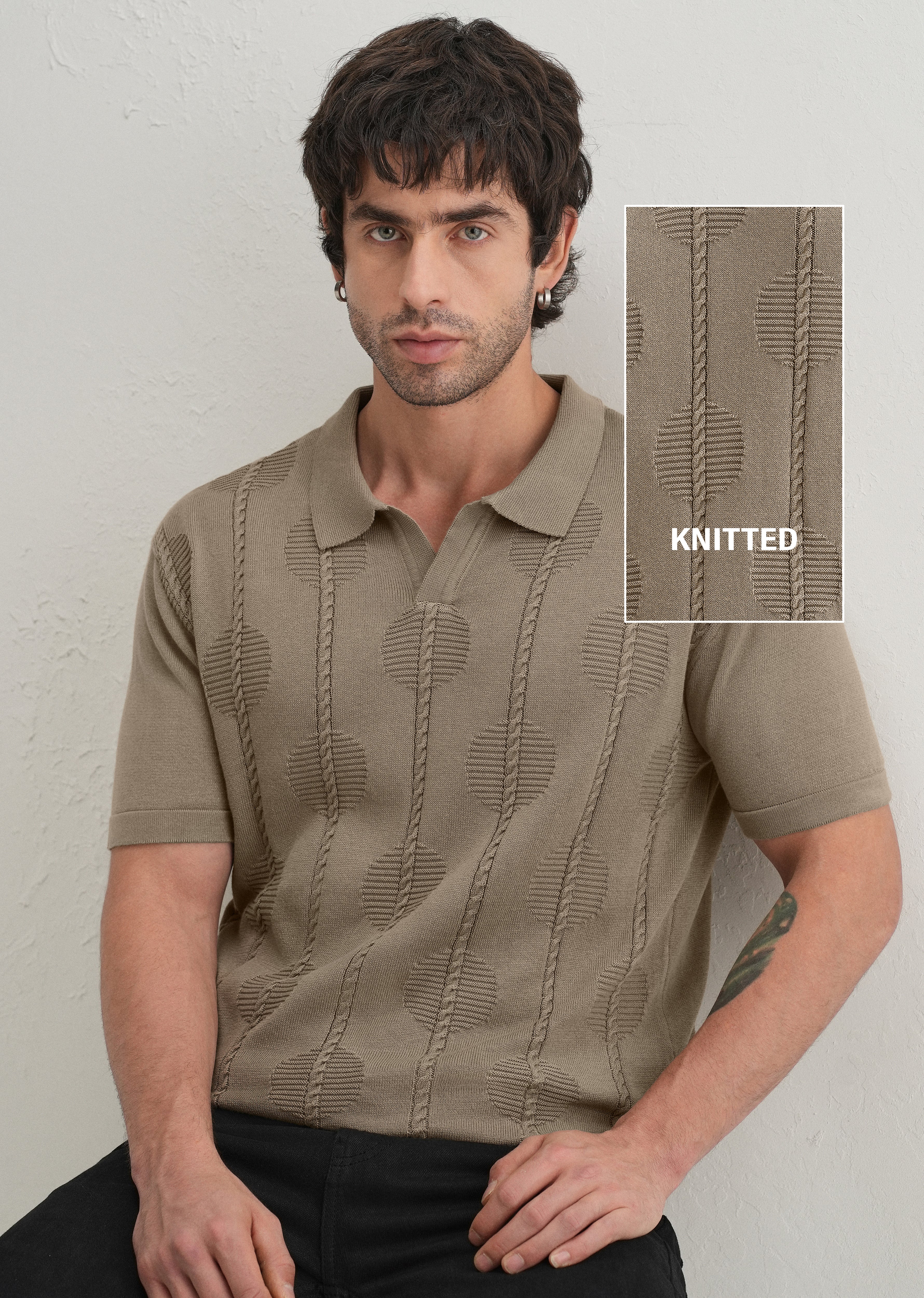 Knitted Taupe Beige Polo T-shirt - Image 7